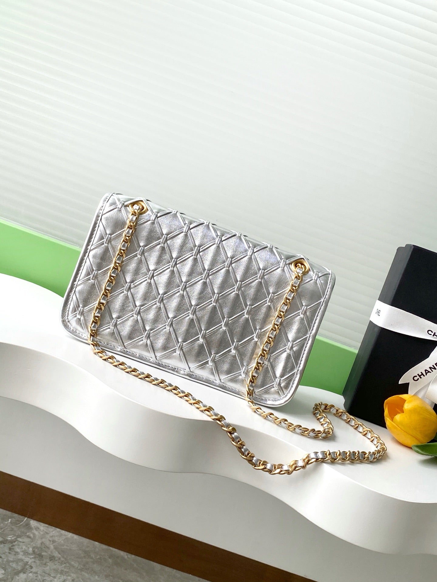 CC 25C Flap Bag 25cm Silver Metalic Quilted Lambskin