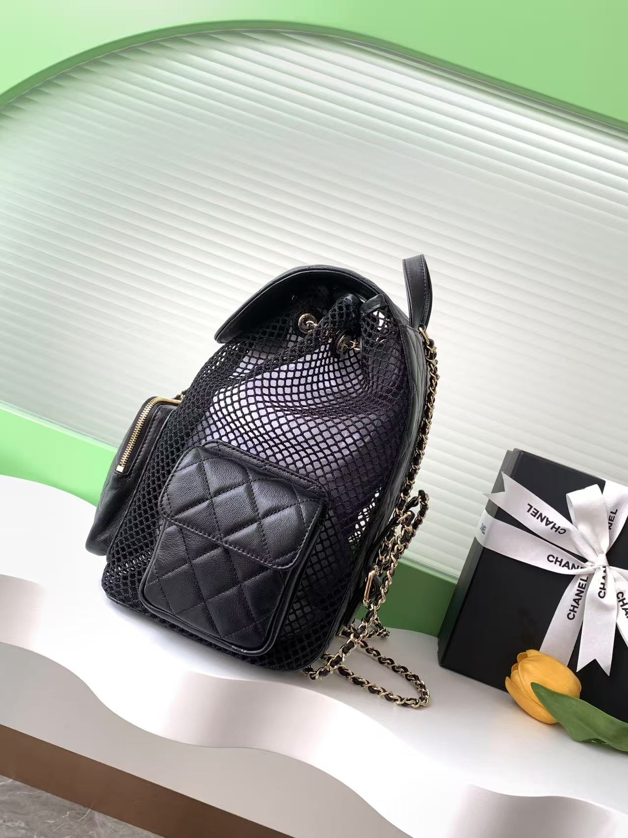 cc 25S Backpack 31cm Black Mesh Calfskin
