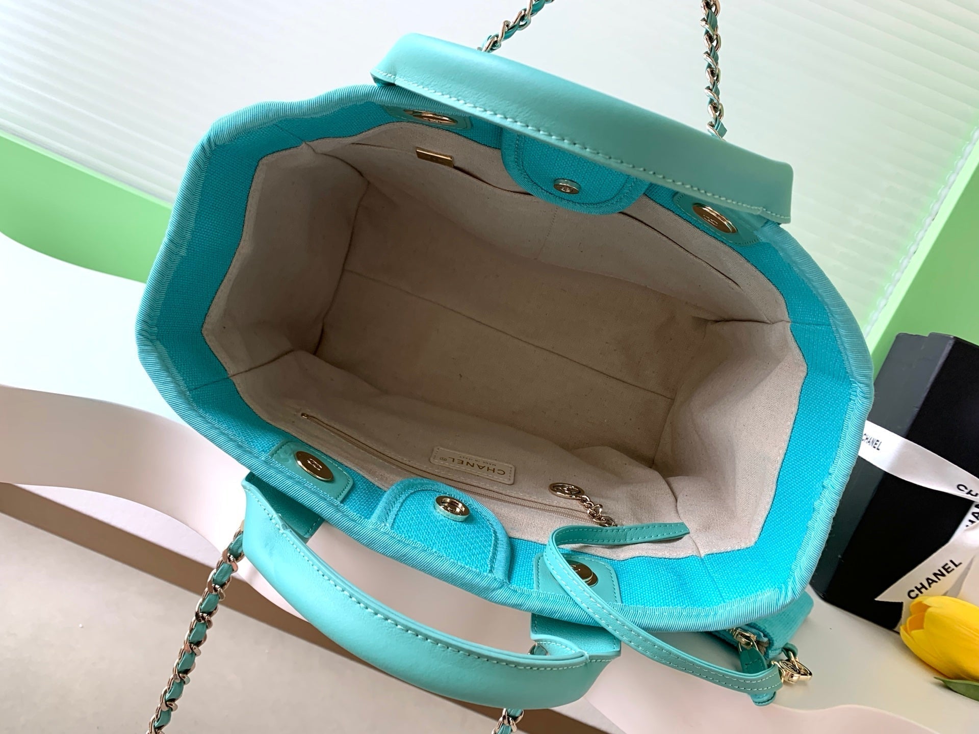 Chanel 25S Tote Bag 33cm in Turquoise Blue Canvas