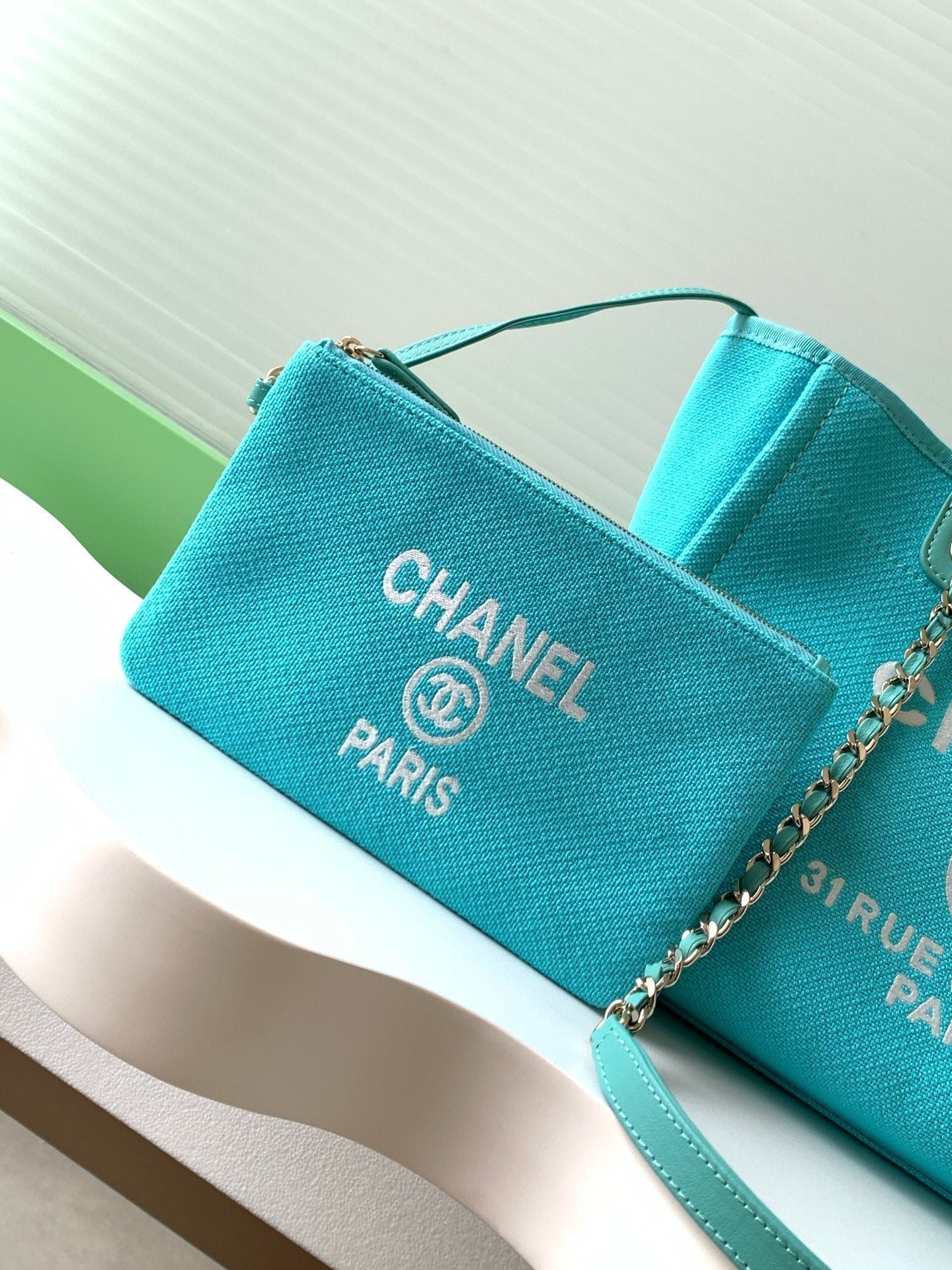 Chanel 25S Tote Bag 33cm in Turquoise Blue Canvas