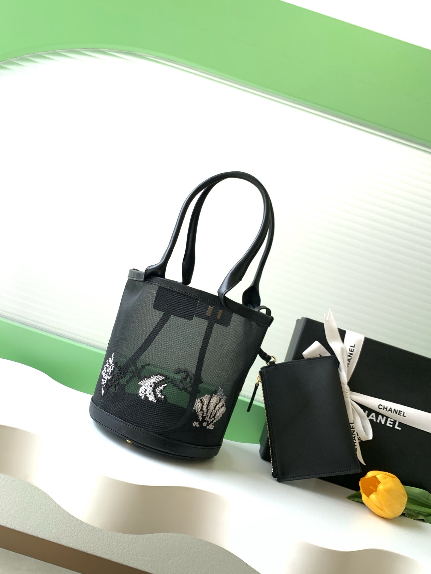 CC Large Bucket Bag Black Embroidered Mesh Calfskin
