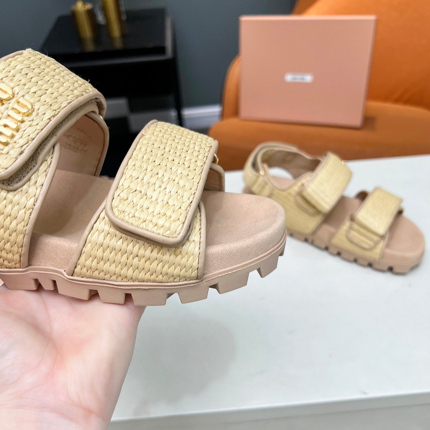 Miu Sandals Champagne Sheepskin With 2 Horizontal Straps
