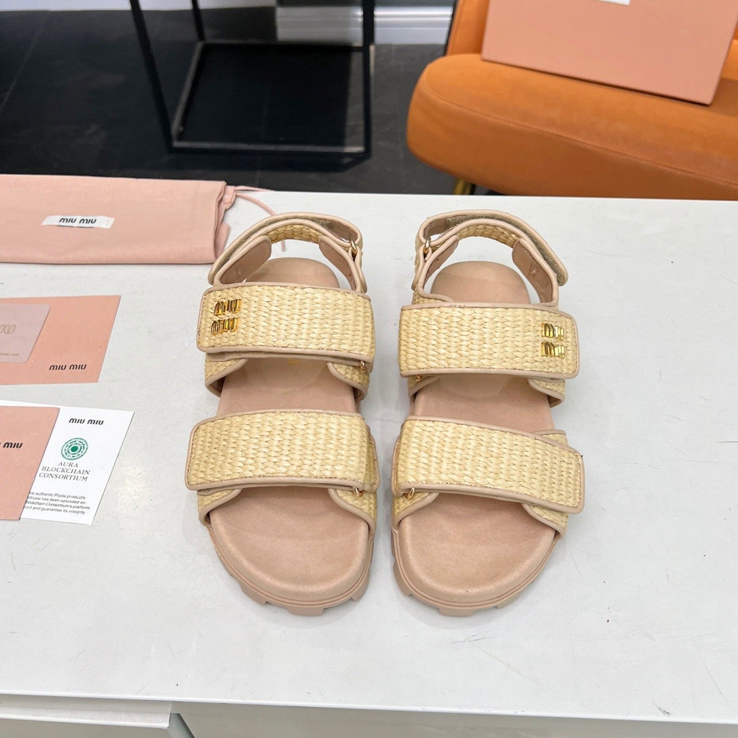 Miu Sandals Champagne Sheepskin With 2 Horizontal Straps