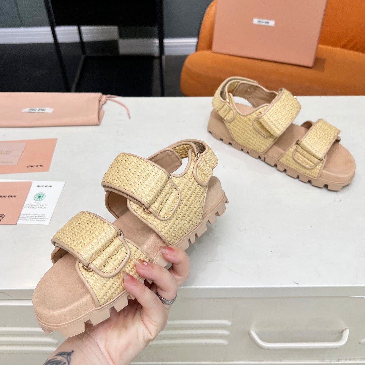Miu Sandals Champagne Sheepskin With 2 Horizontal Straps