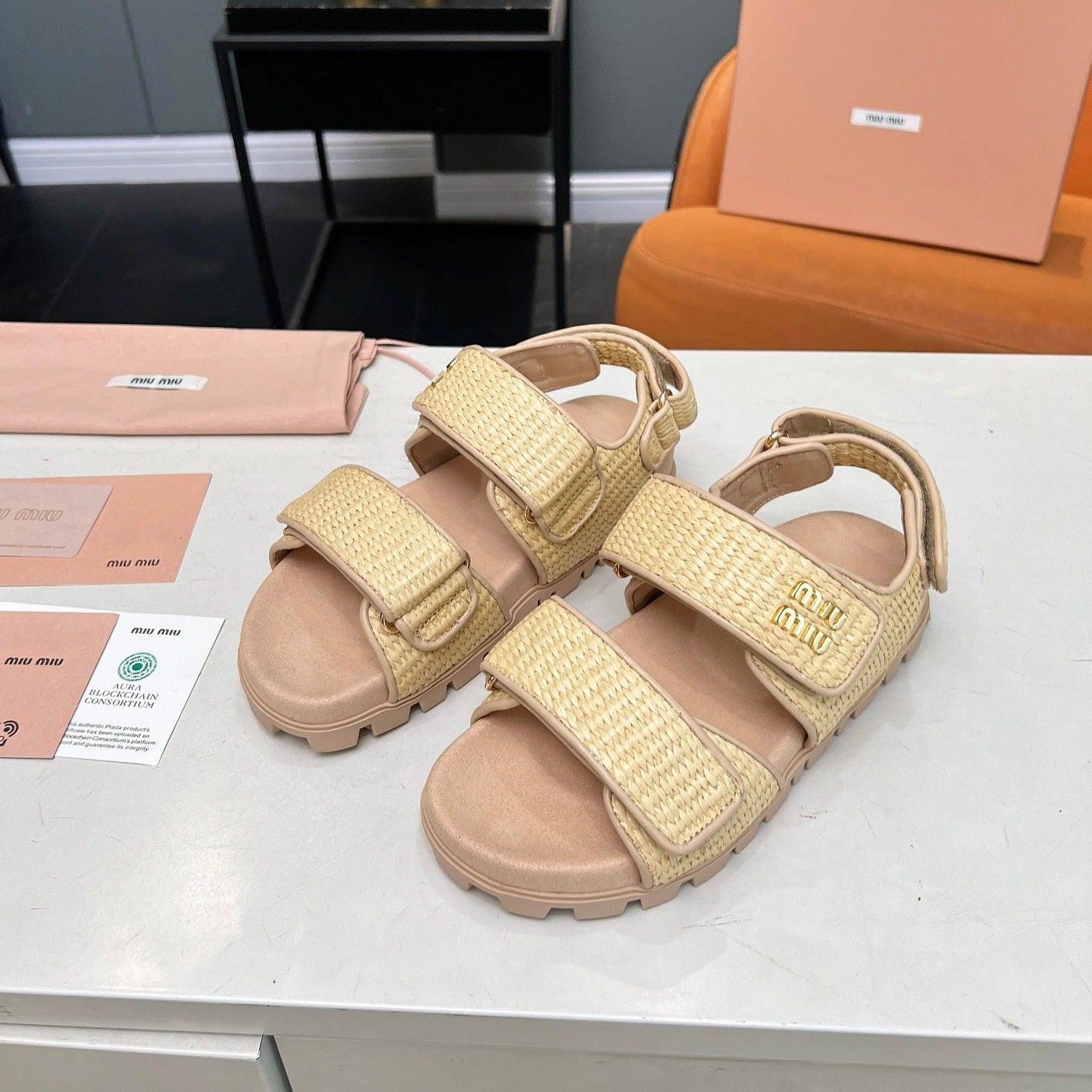 Miu Sandals Champagne Sheepskin With 2 Horizontal Straps