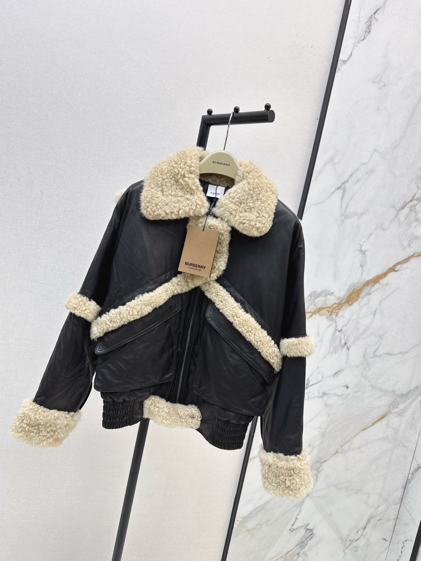 Burberry 25 Shearling-trimmed Bomber Jacket Black Cream Fur Leather
