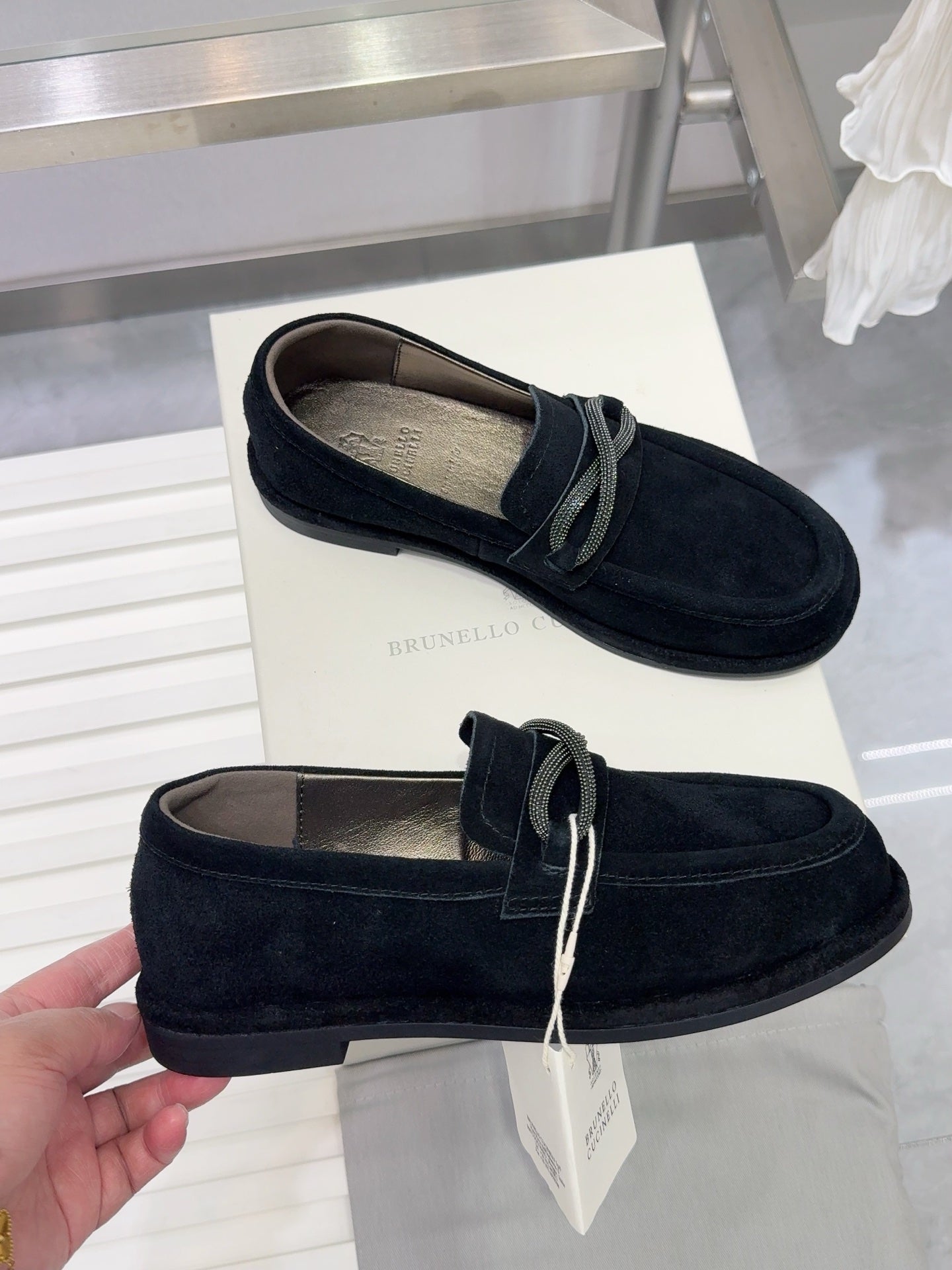 Brunello Women's Striped Shoes Black Suede Dark Brown