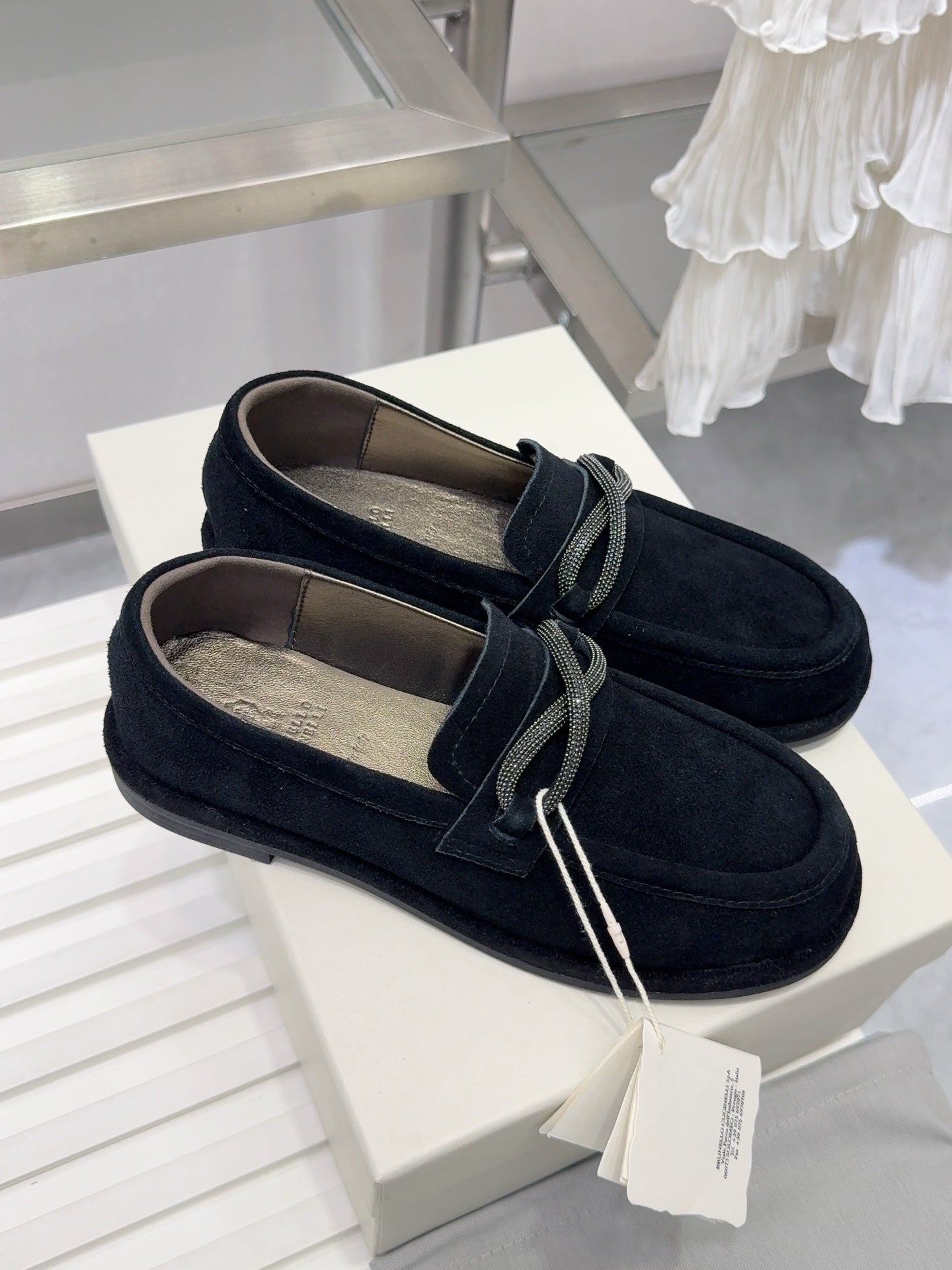 Brunello Women's Striped Shoes Black Suede Dark Brown