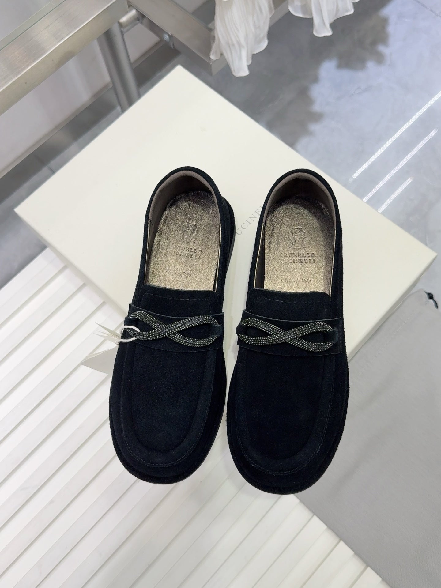 Brunello Women's Striped Shoes Black Suede Dark Brown