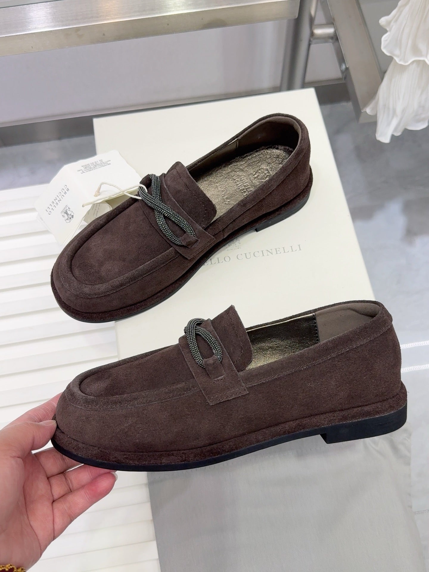 Brunello Women's Striped Shoes Dark Brown Suede 578029