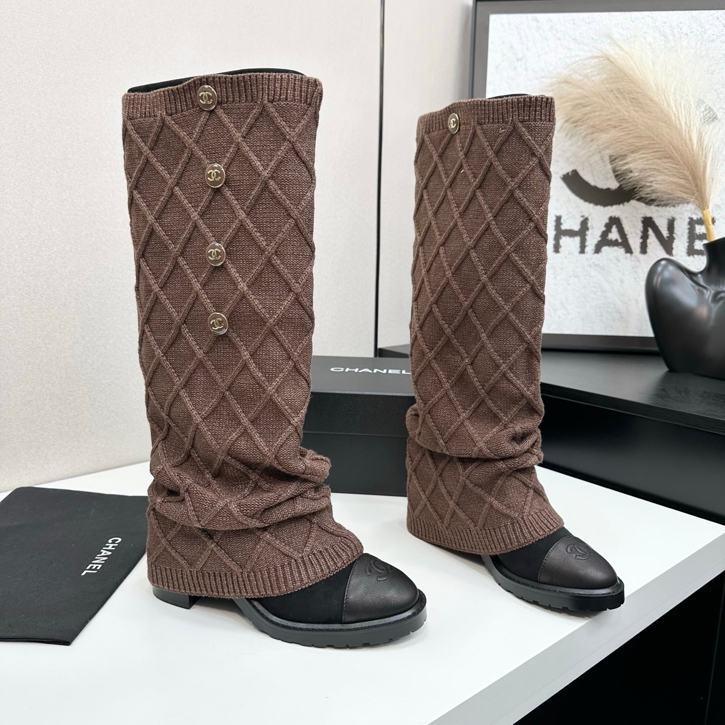 CC 26s Diamond Knit Buttoned Long Boots Black Dark Brown Calfskin Knit 985768