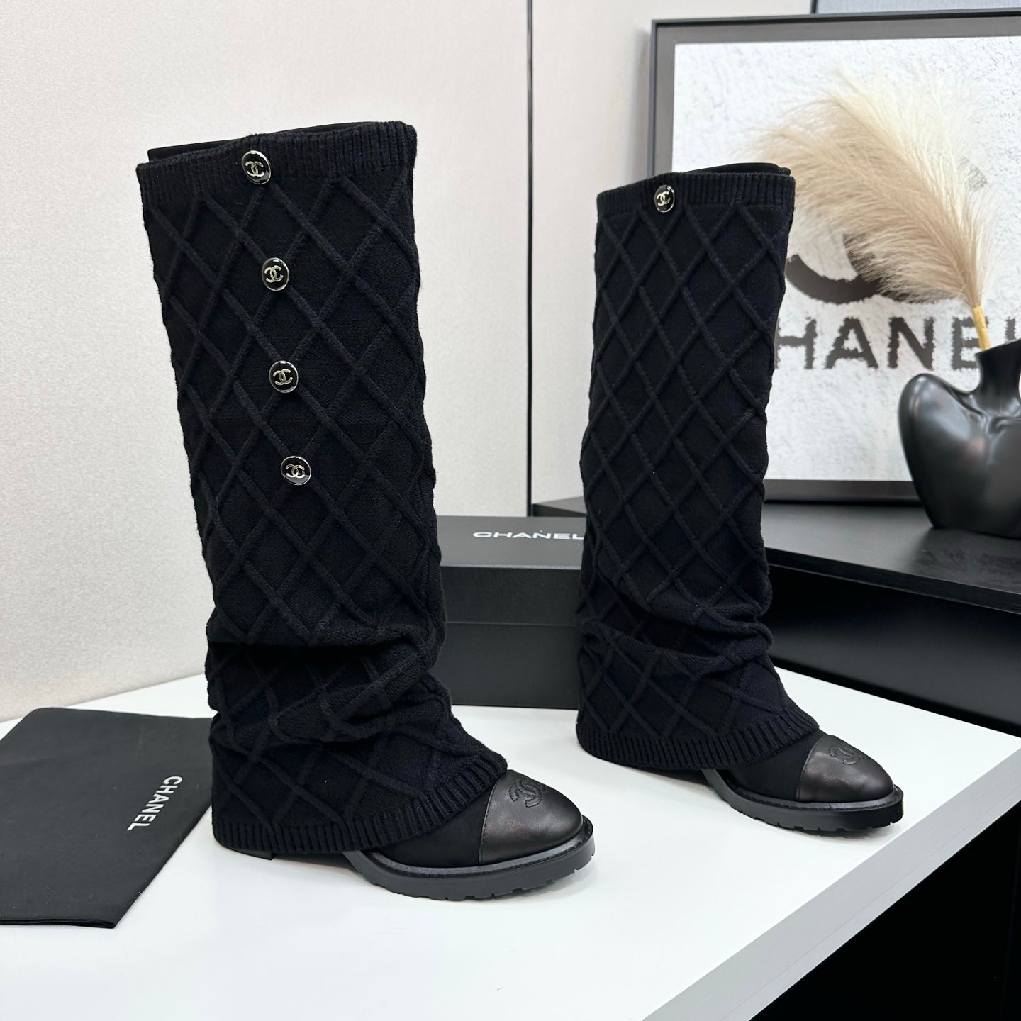 CC 26s Diamond Knit Buttoned Long Boots Black Calfskin Knit 985770