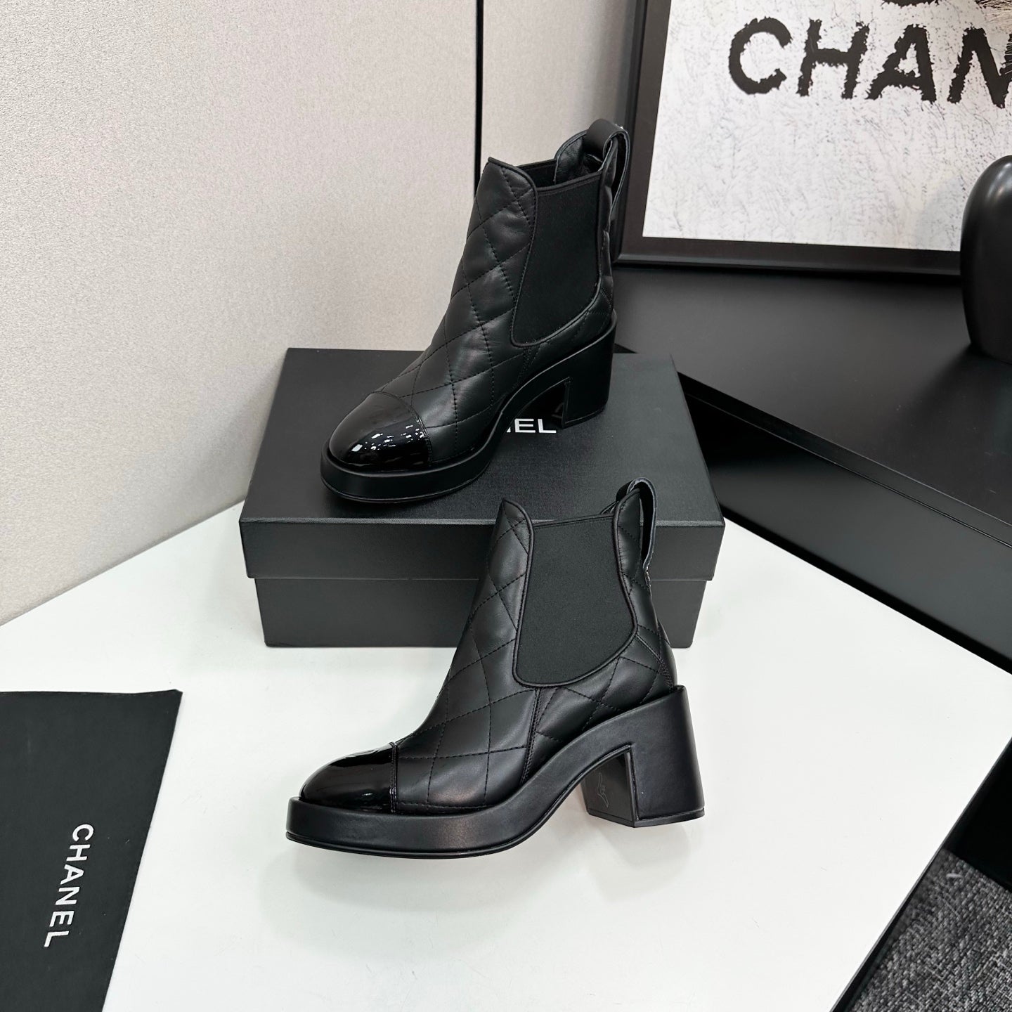 CC FW 25 Platform Ankle Boots Black Patent and Quilted Leather 532621