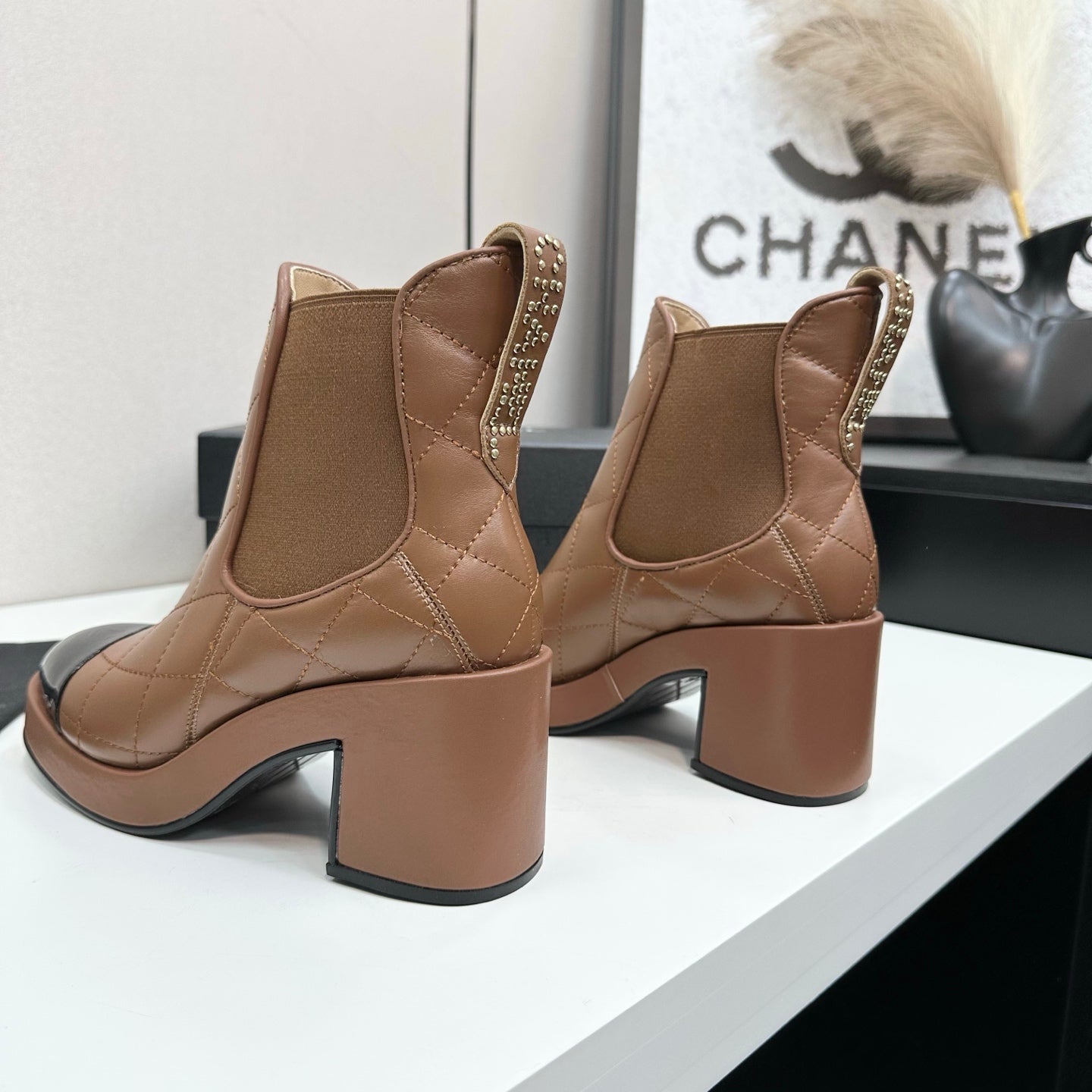 CC FW 25 Platform Ankle Boots Brown Black Patent and Quilted Leather 532622