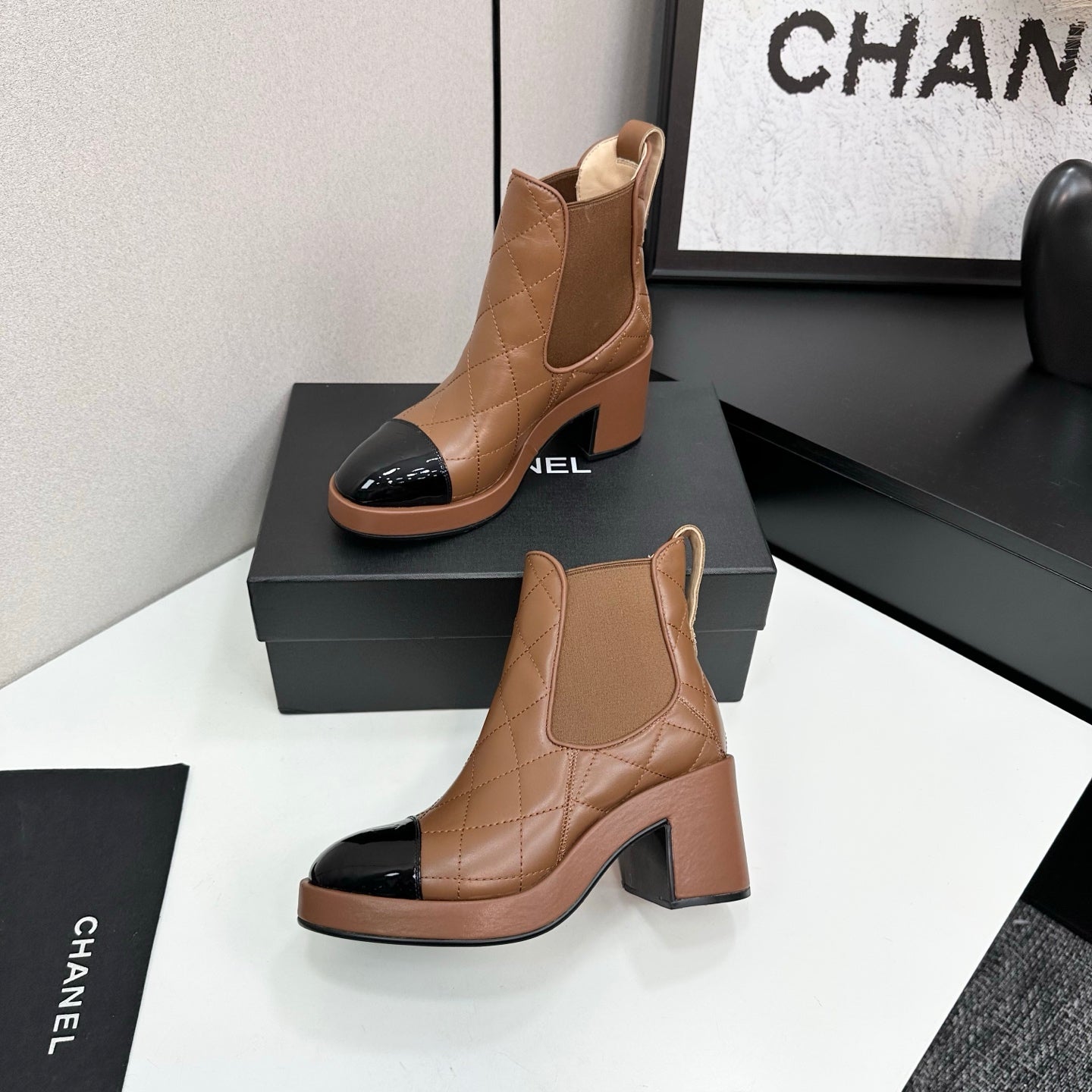 CC FW 25 Platform Ankle Boots Brown Black Patent and Quilted Leather 532622