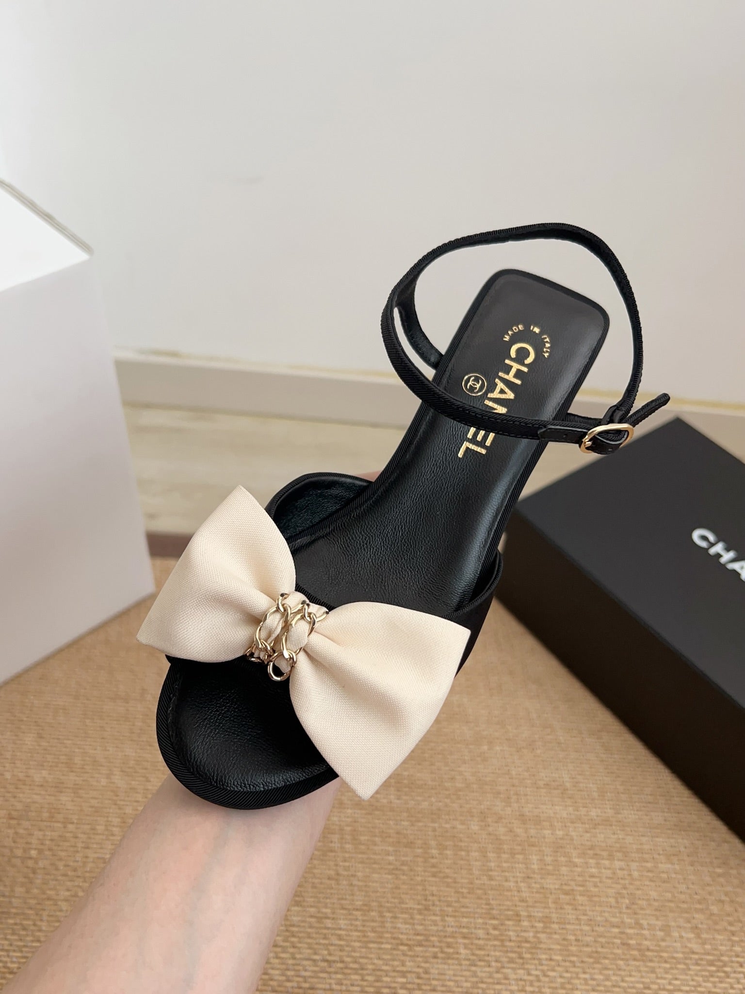 CC Grosgrain Sandals 4cm Black Lambskin 708081