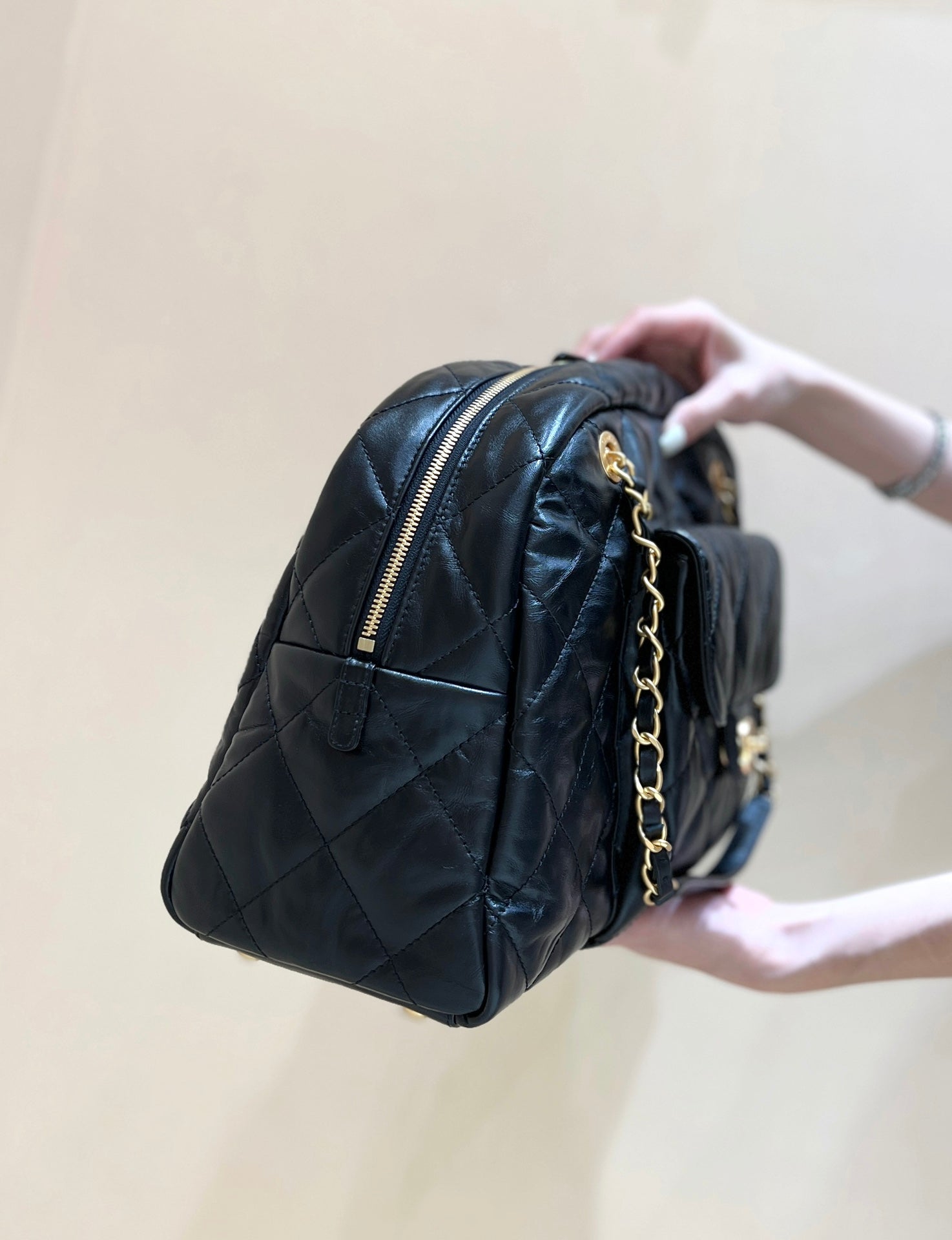 CC 24A Bowling Bag 44cm Black Wrinkled Calfskin GHW