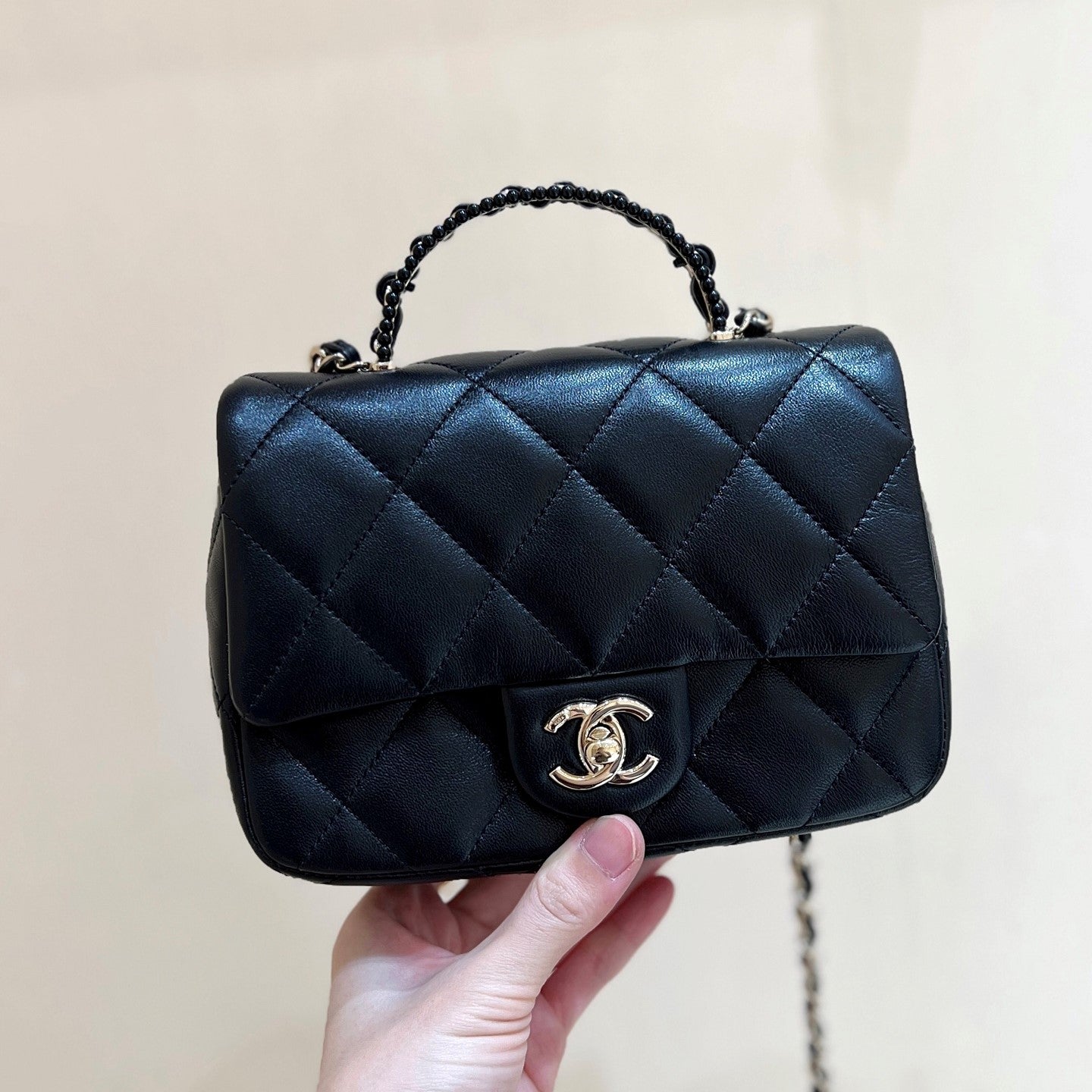 CC 25P Mini Top Handle Flap Bag Black Quited Lambskin 290150
