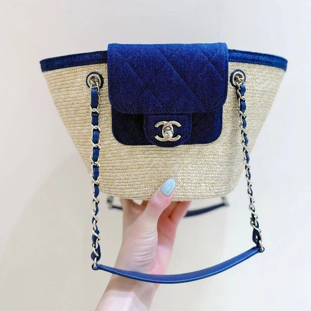 Chanel 2026 Shopping Bag 39cm Beige mix Blue Straw Denim