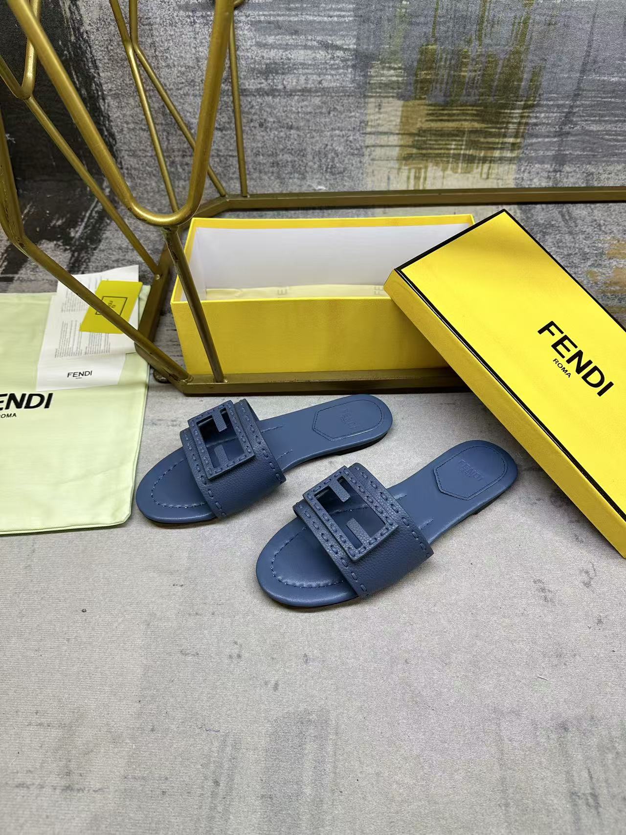 Fendi Baguette Slides Embroidered Dark Blue Nappa Leather 826559