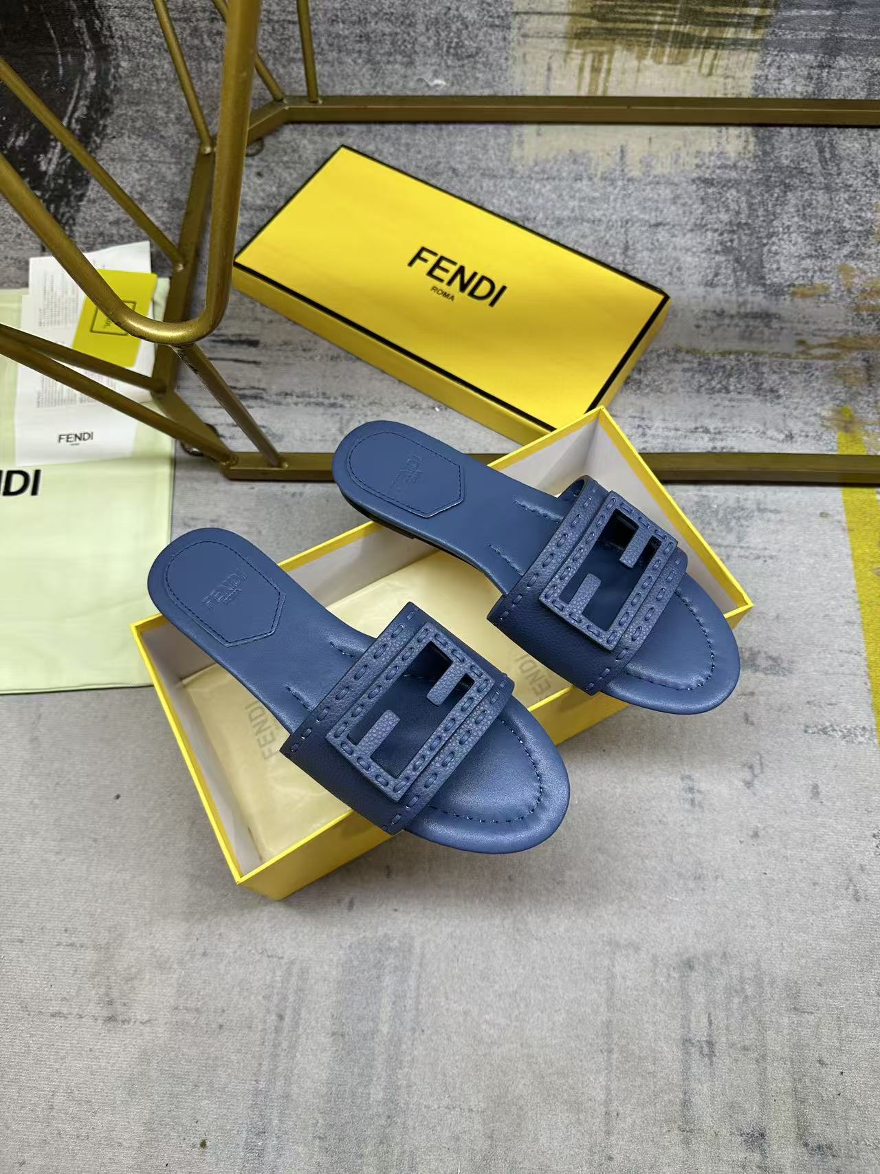 Fendi Baguette Slides Embroidered Dark Blue Nappa Leather 826559