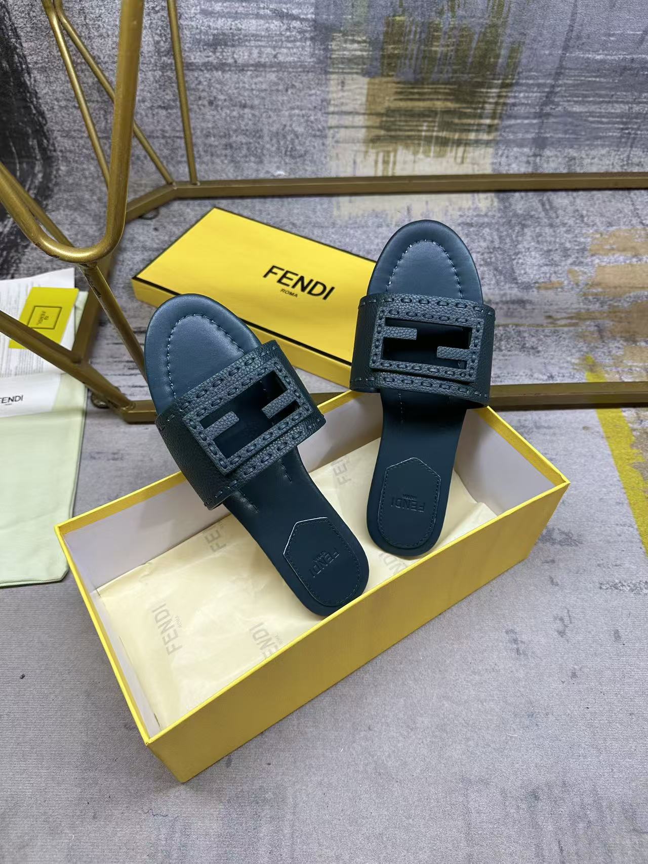 Fendi Baguette Slides Embroidered Teal Green Nappa Leather 826560