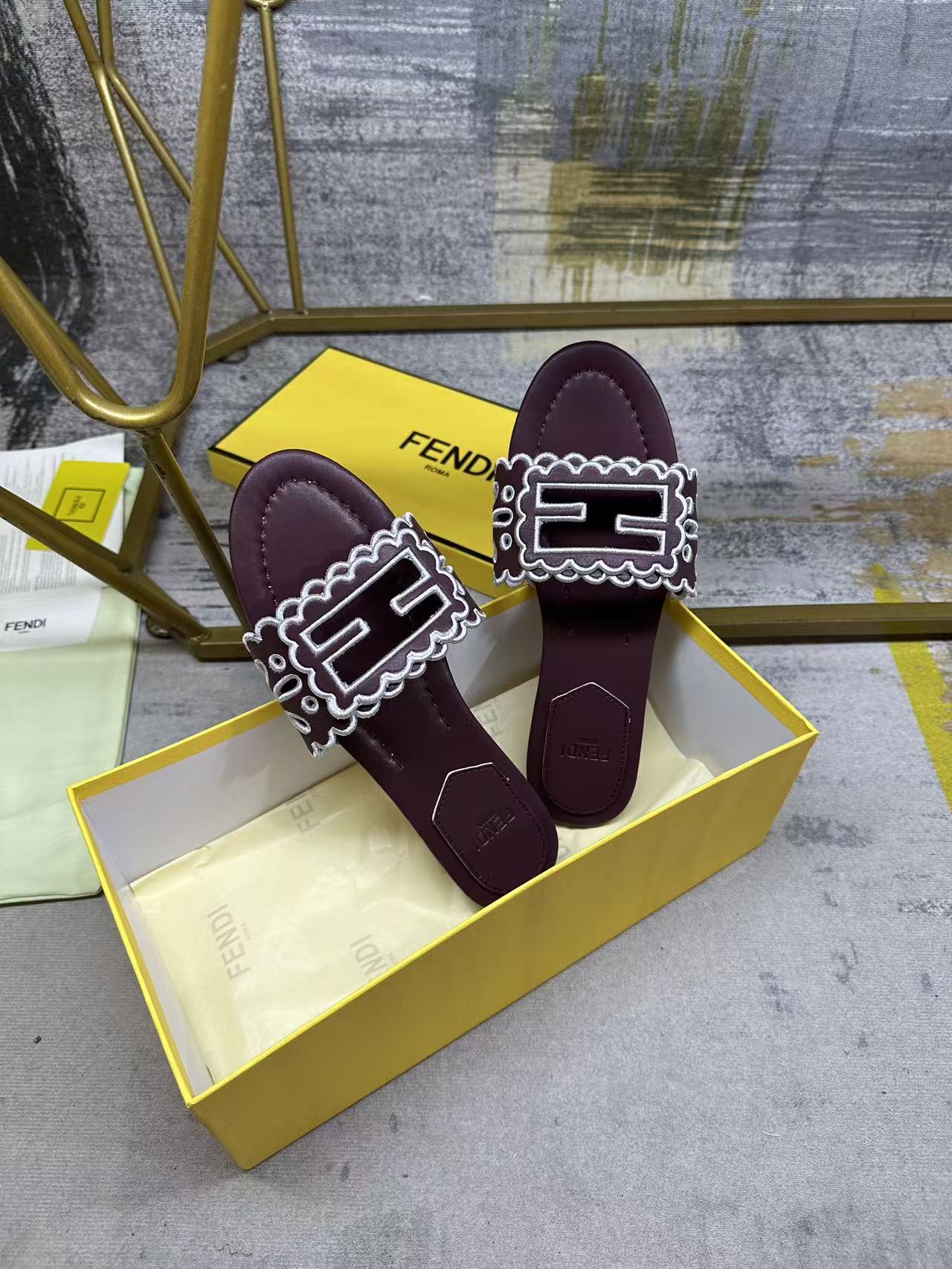 Fendi Baguette Slides Embroidered Burgundy Nappa Leather 826562