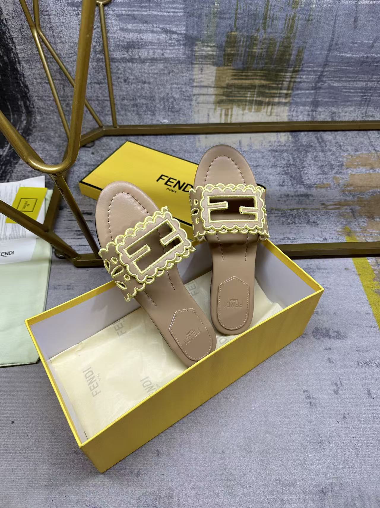 Fendi Baguette Slides Embroidered Beige Nappa Leather 826564