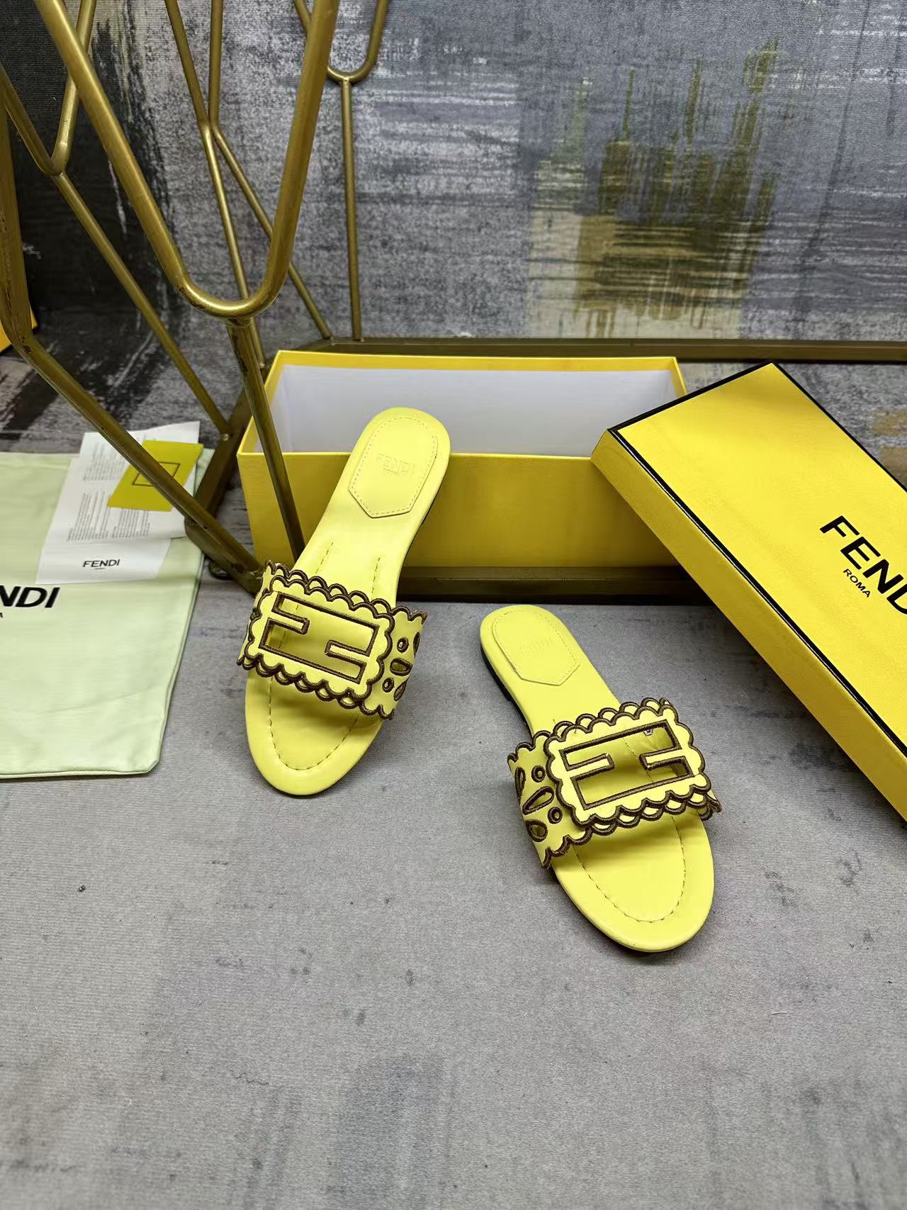 Fendi Baguette Slides Embroidered Yellow Nappa Leather 826565