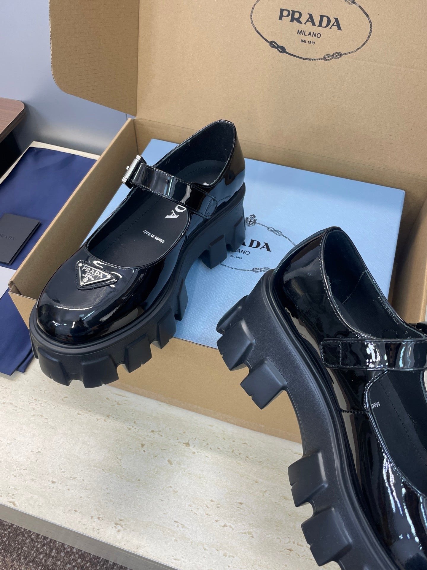Prada Brushed Monolith Mary Janes Loafer Black Patent Leather 551879