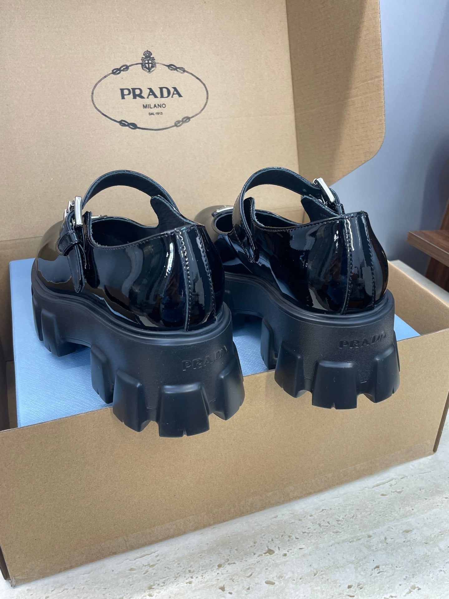 Prada Brushed Monolith Mary Janes Loafer Black Patent Leather 551879