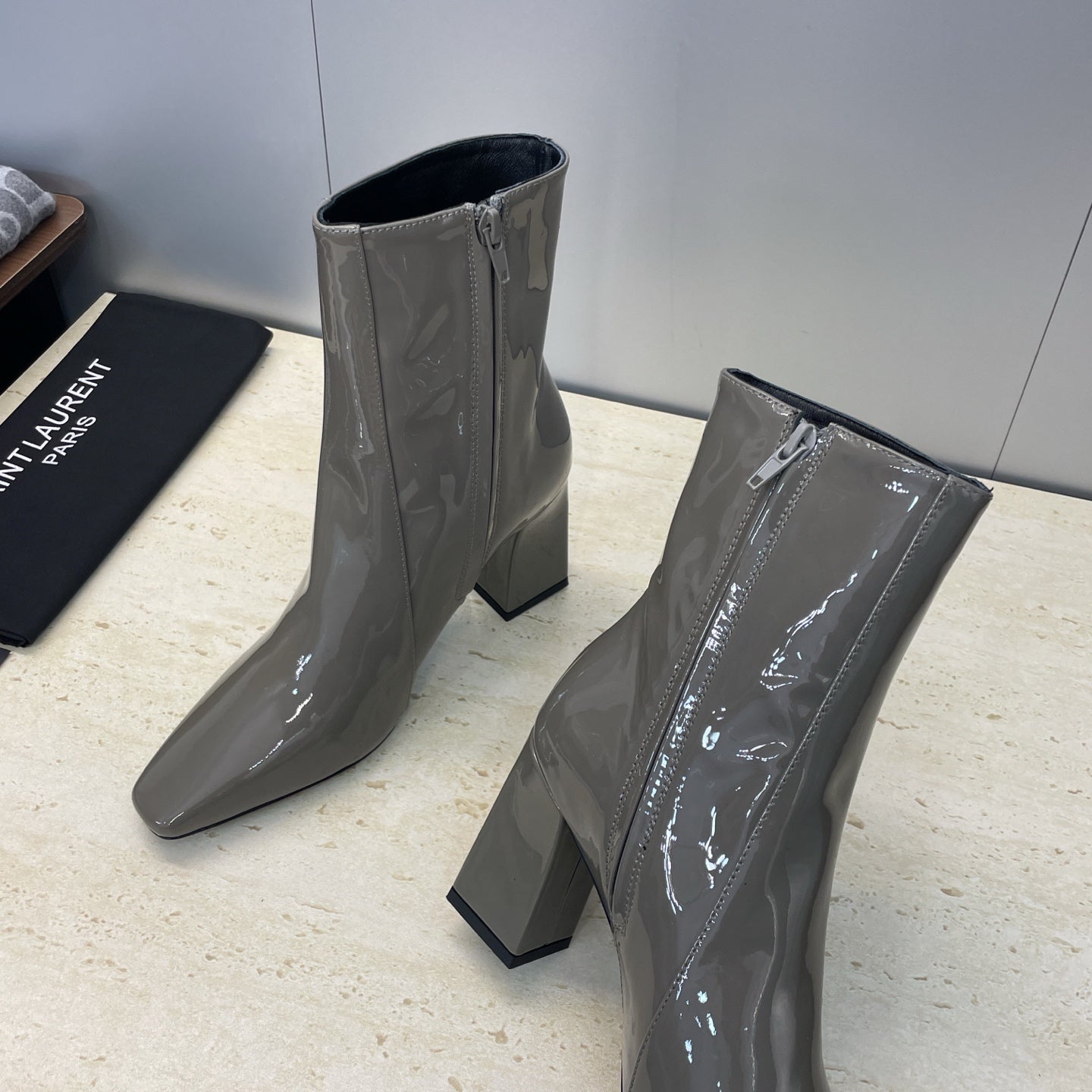 YSL Maxine Boots 75mm Taupe Patent Leather 551929