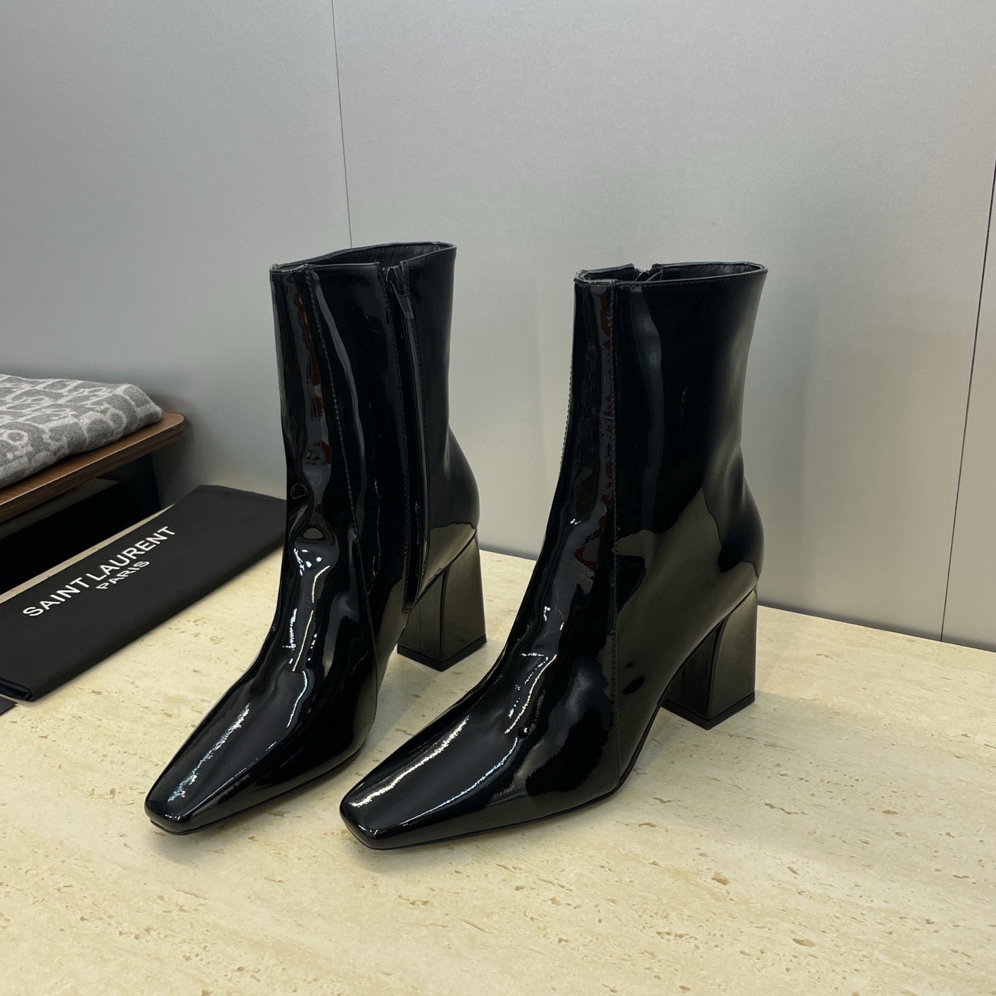 YSL Maxine Boots 75mm Black Patent Leather 551930