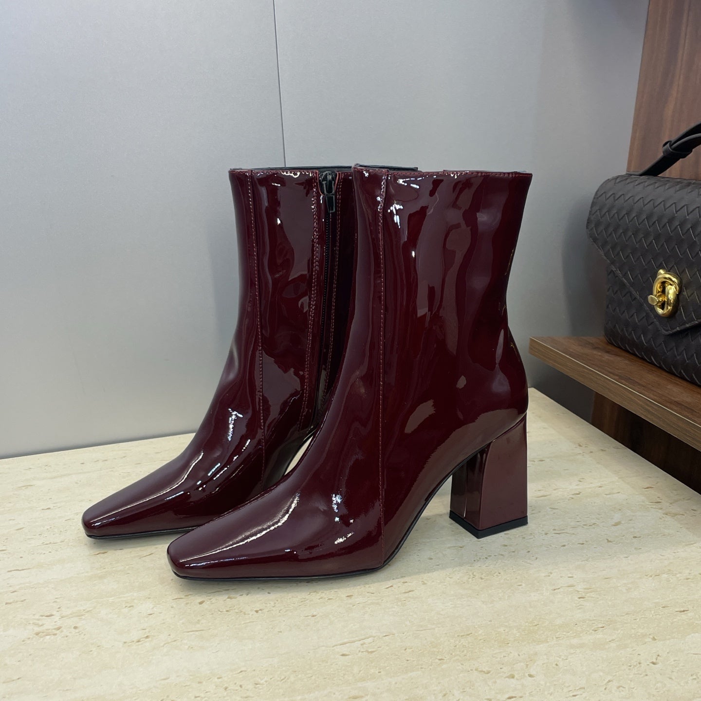 YSL Maxine Boots 75mm Burgundy Patent Leather 551931