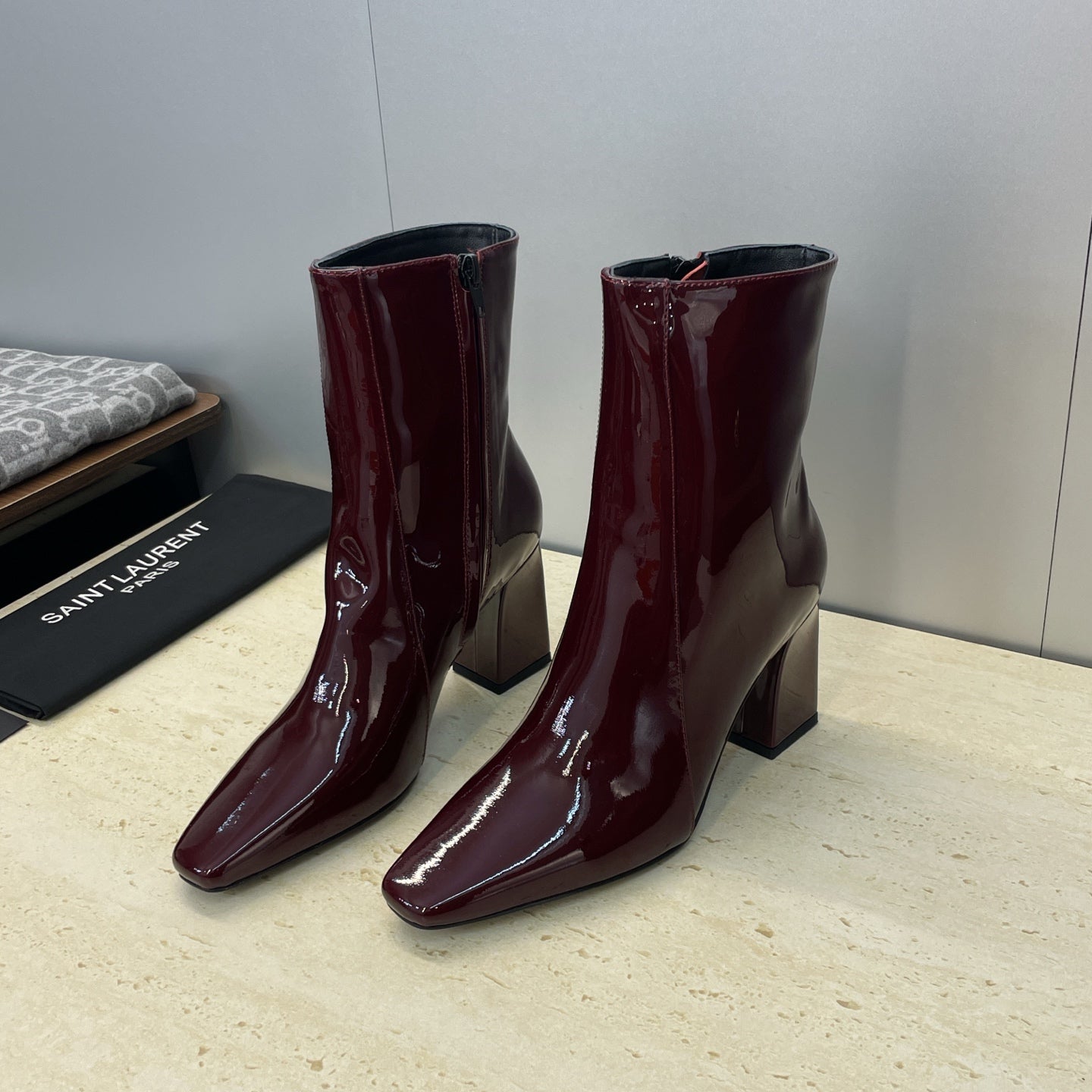 YSL Maxine Boots 75mm Burgundy Patent Leather 551931