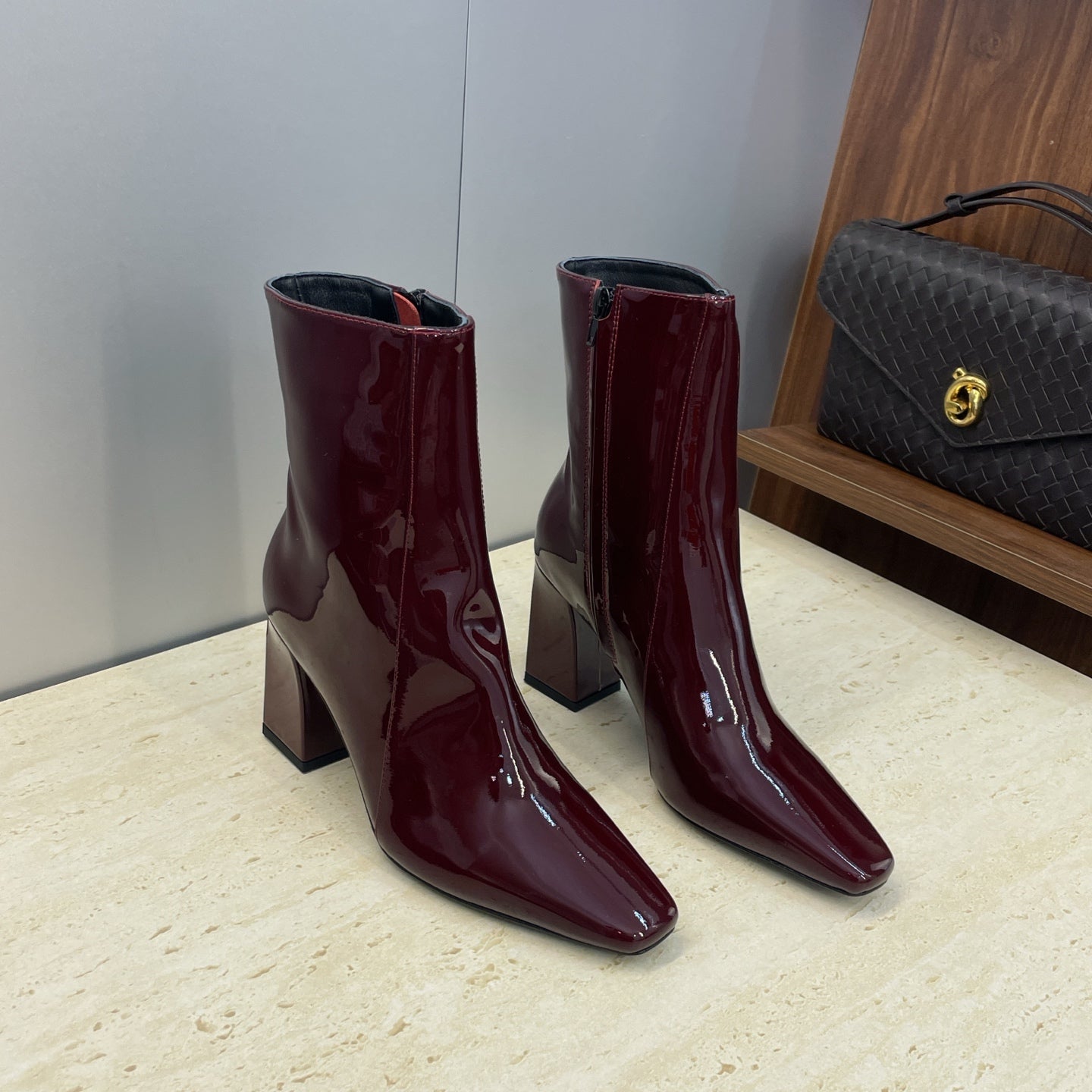 YSL Maxine Boots 75mm Burgundy Patent Leather 551931