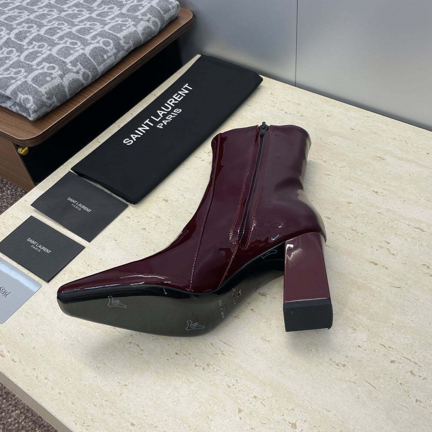 YSL Maxine Boots 75mm Burgundy Patent Leather 551931