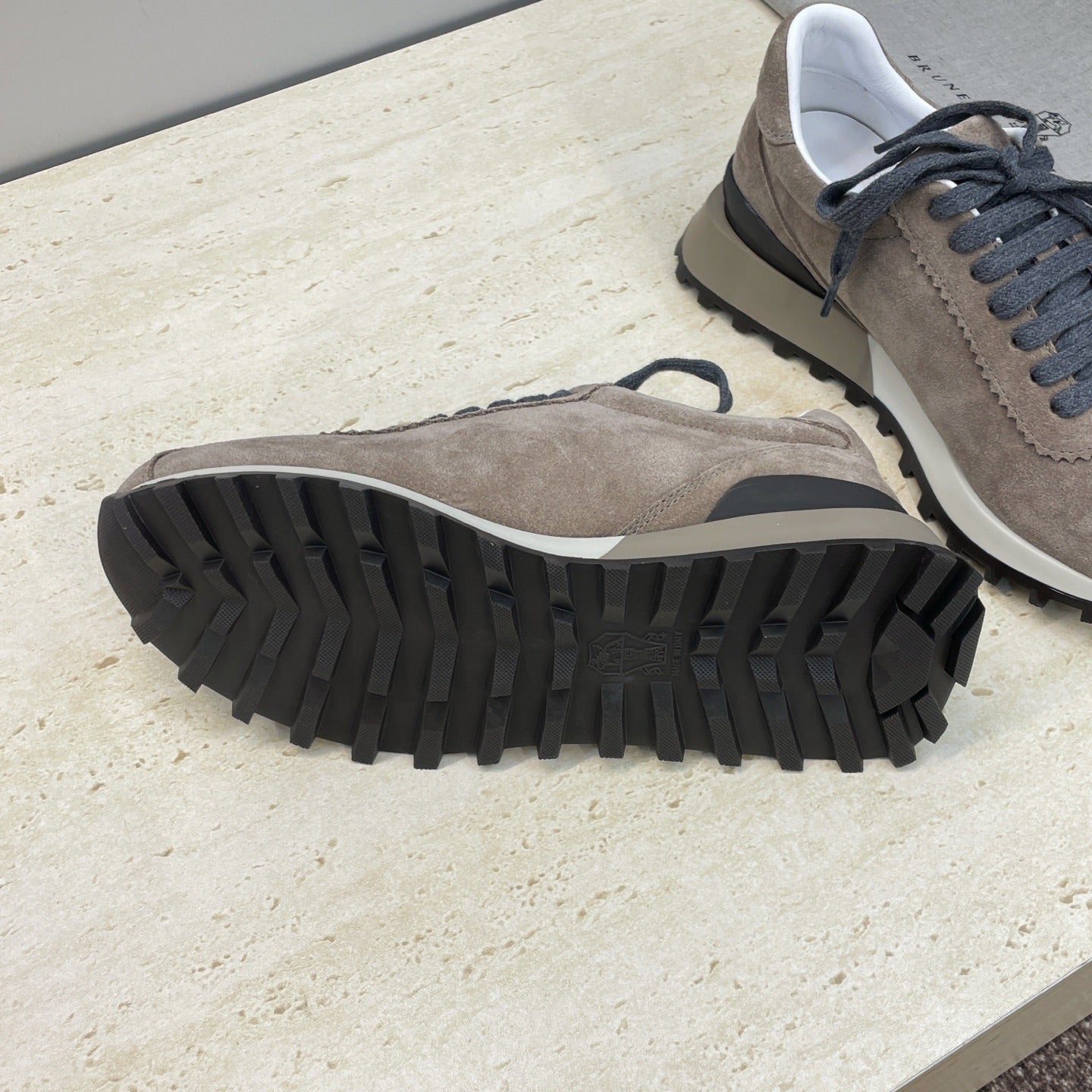 Brunello Shiny Tab Sneakers Taupe Suede 607016