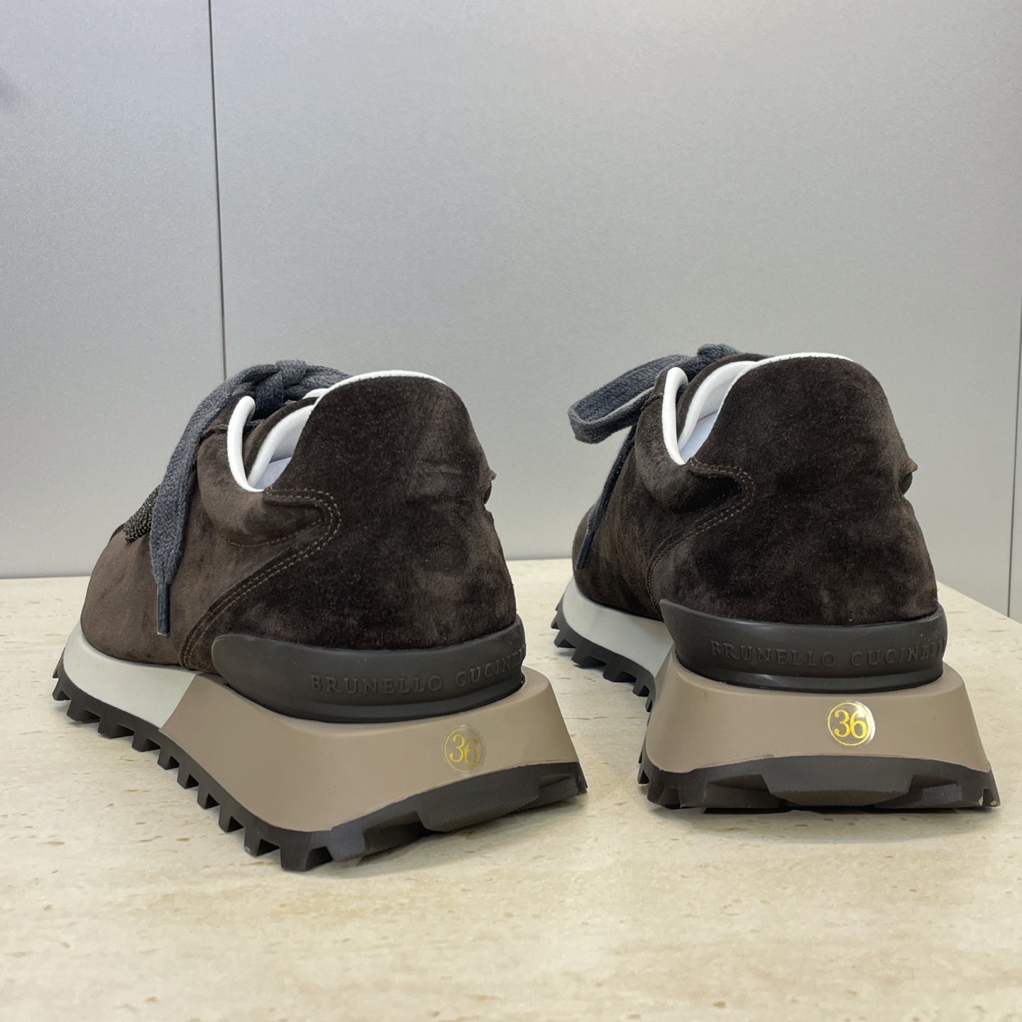 Brunello Shiny Tab Sneakers Dark Brown Suede 607017