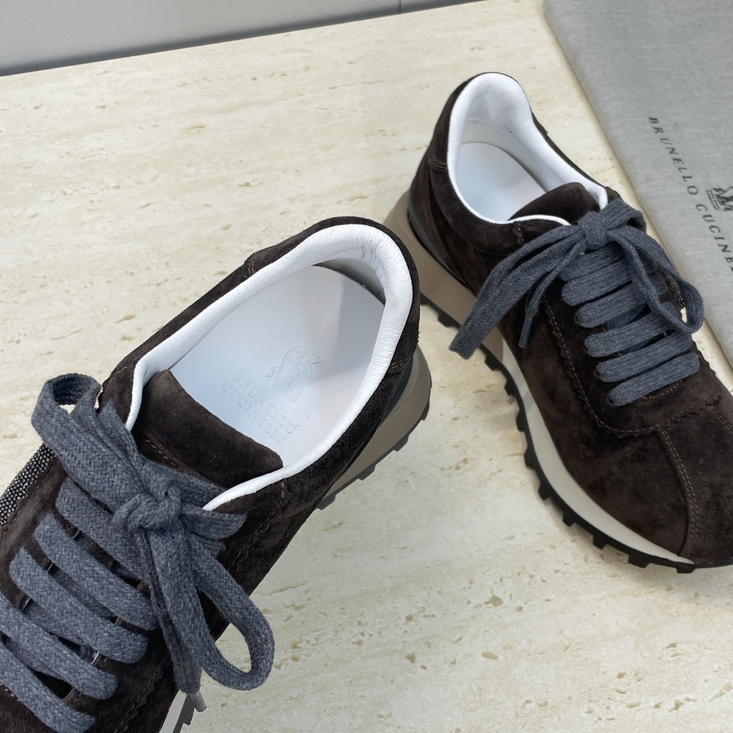 Brunello Shiny Tab Sneakers Dark Brown Suede 607017