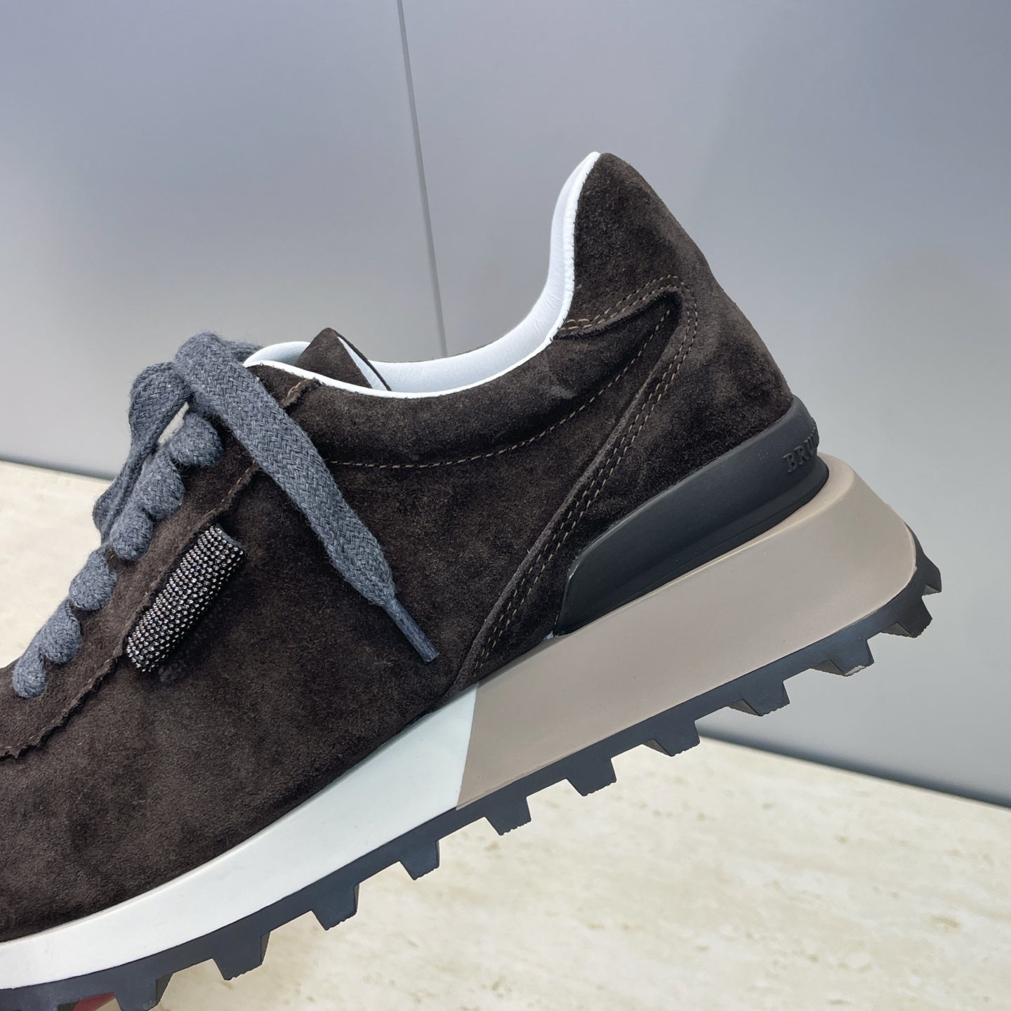 Brunello Shiny Tab Sneakers Dark Brown Suede 607017