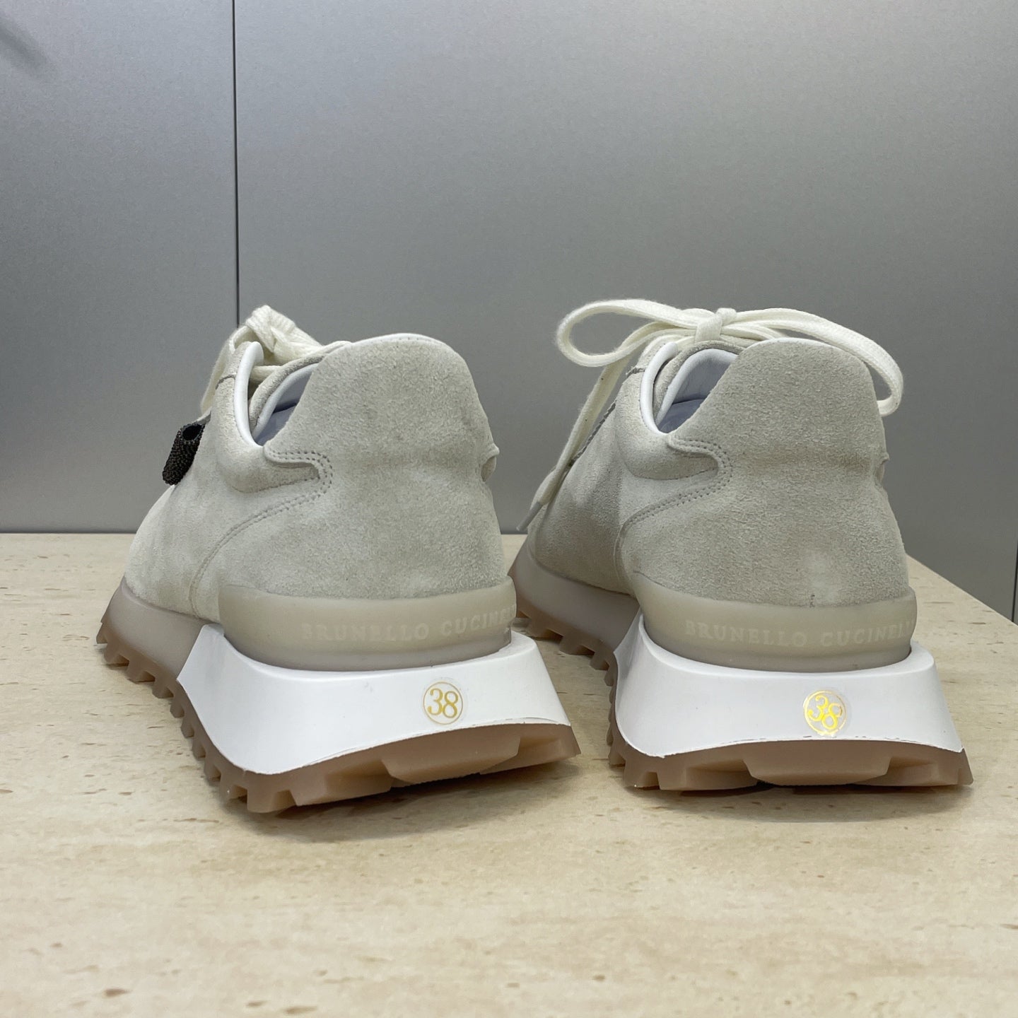 Brunello Shiny Tab Sneakers Grey Suede 607018