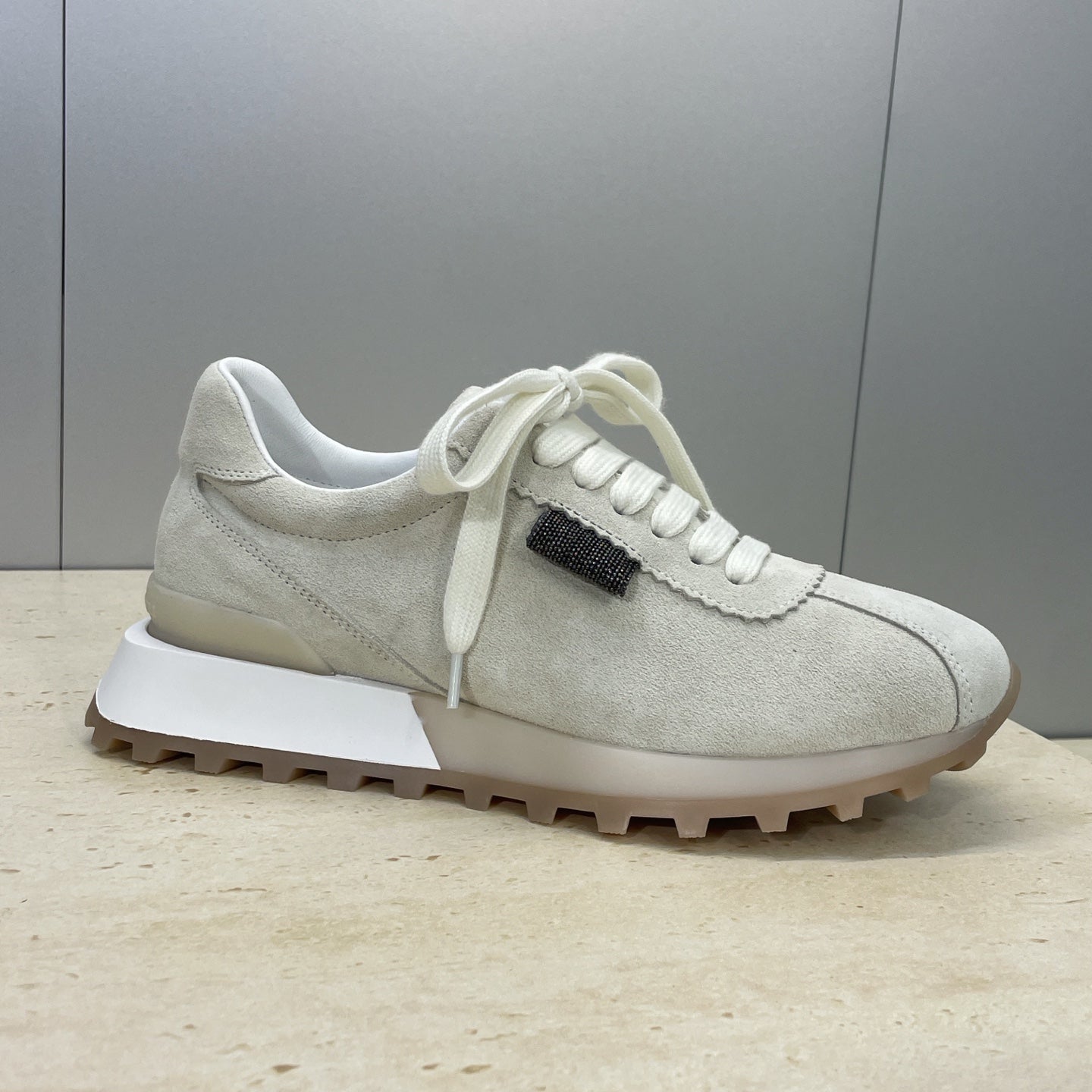 Brunello Shiny Tab Sneakers Grey Suede 607018