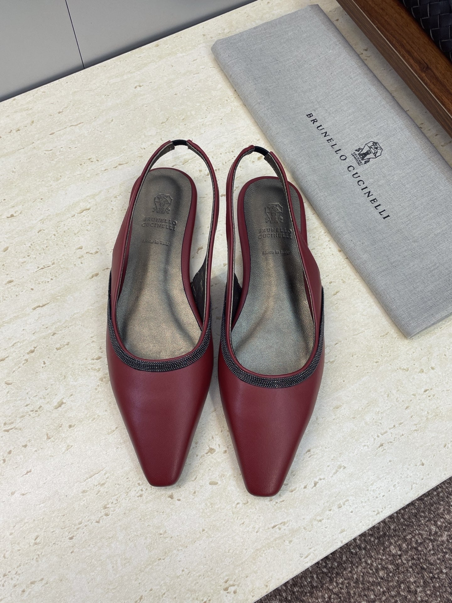 Brunello Twill Slingback Flats Burgundy Calfskin 607024