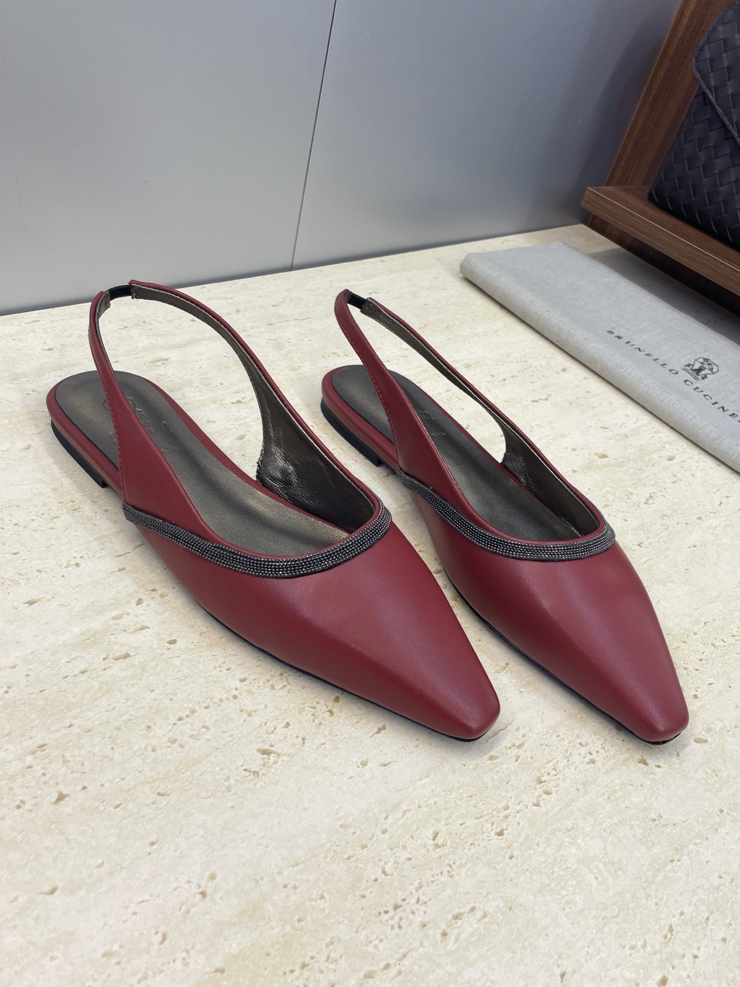Brunello Twill Slingback Flats Burgundy Calfskin 607024