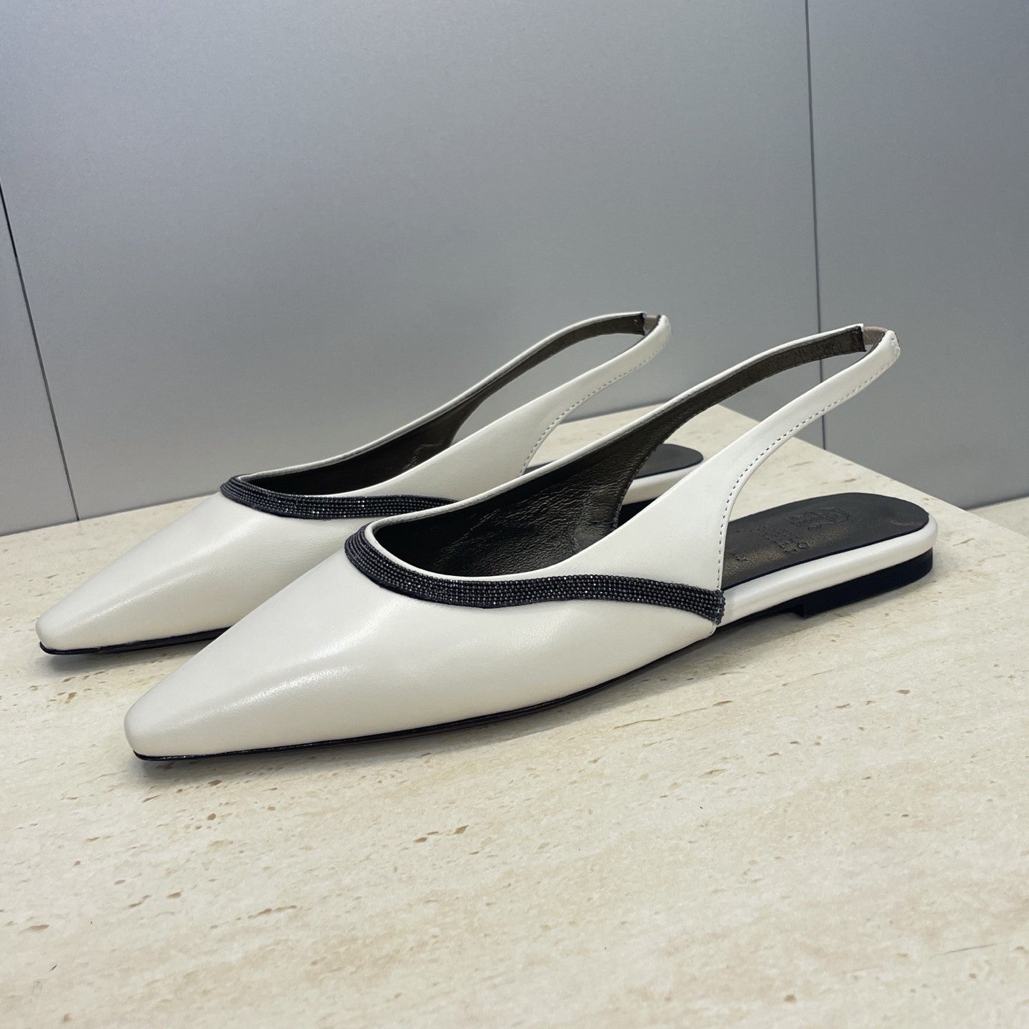 Brunello Twill Slingback Flats White Calfskin 607025