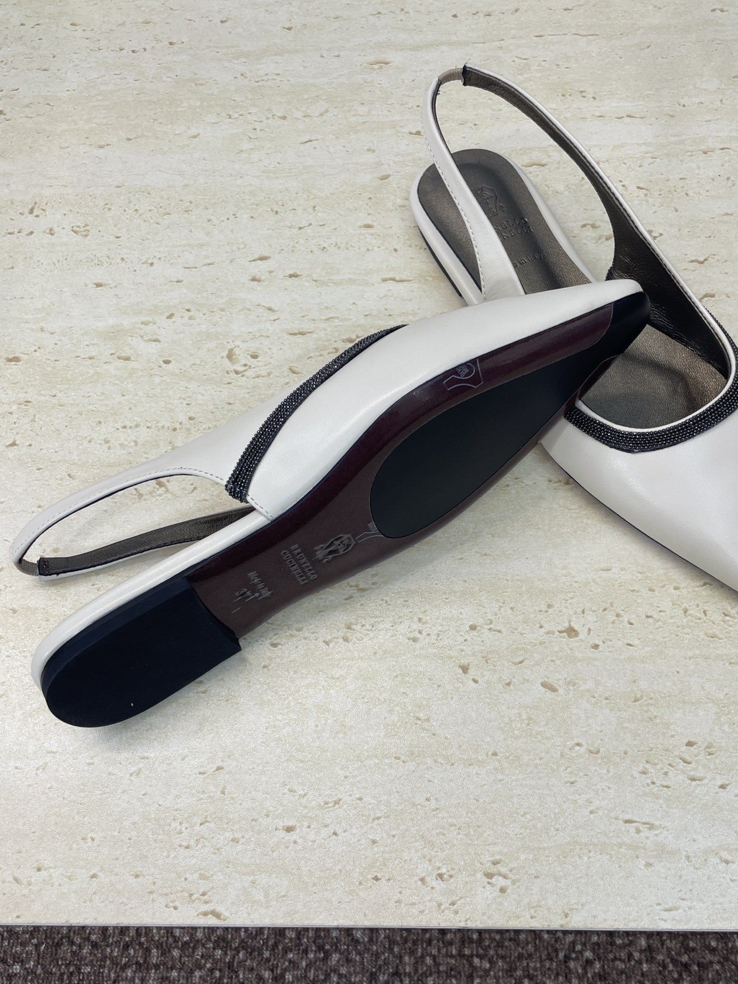 Brunello Twill Slingback Flats White Calfskin 607025