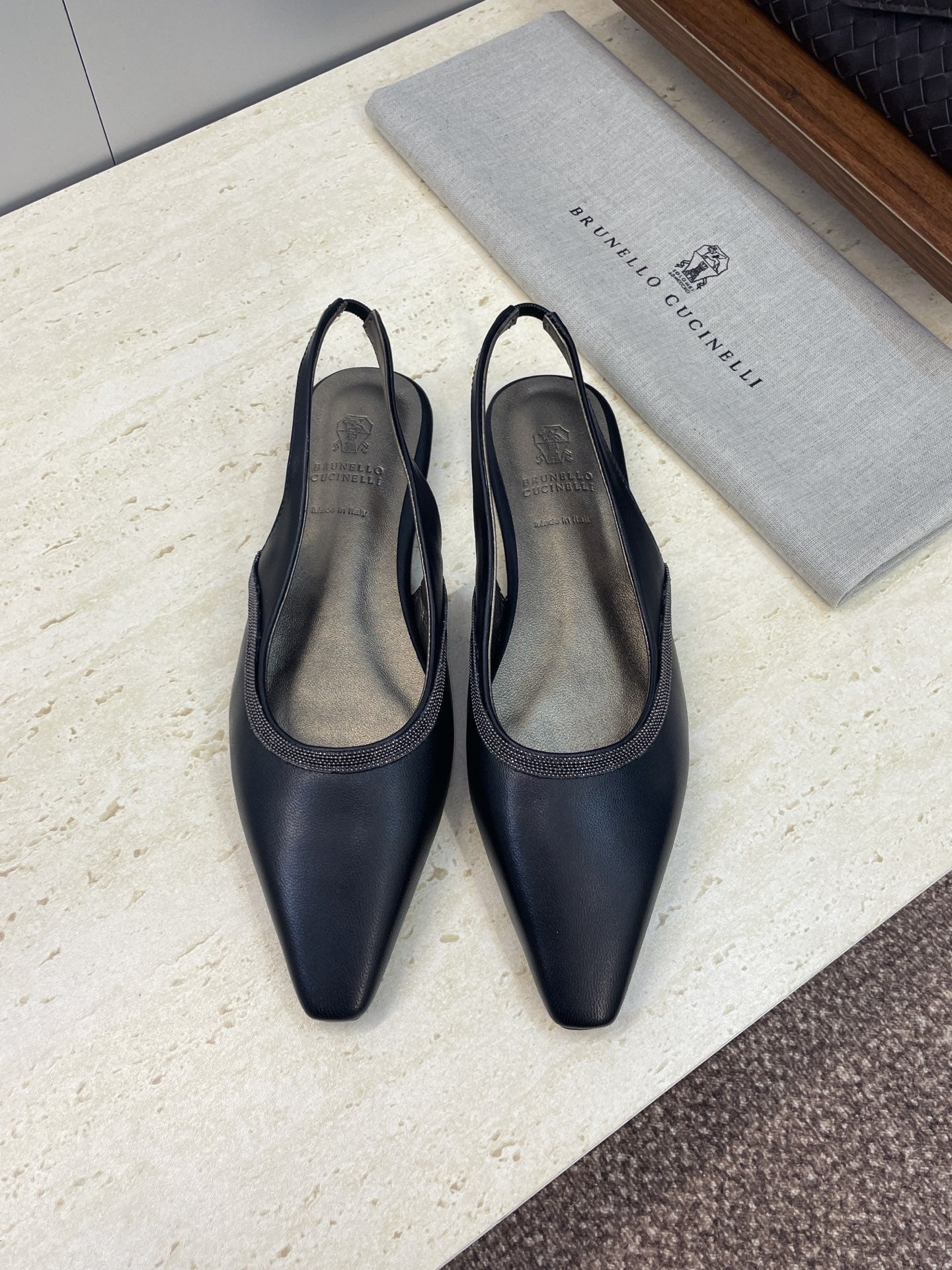 Brunello Twill Slingback Flats Black Calfskin 607026
