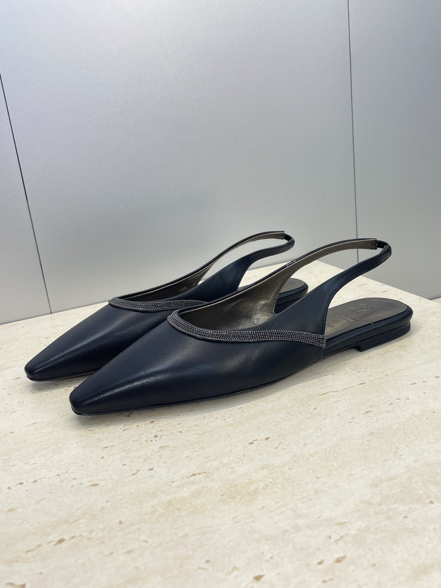 Brunello Twill Slingback Flats Black Calfskin 607026