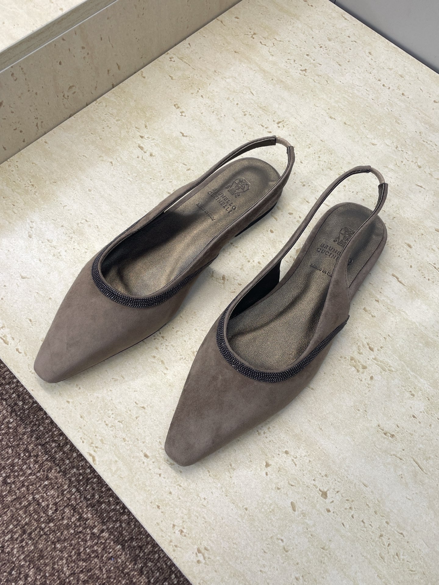 Brunello Twill Slingback Flats Taupe Fabric 607027